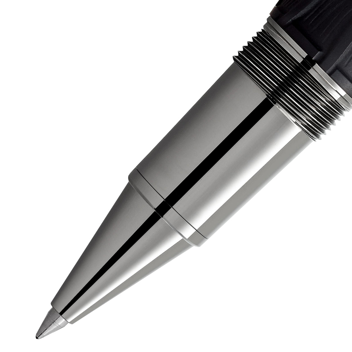 Close-up of a sleek, metallic pen tip with a shiny, cylindrical design. The Montblanc Writers Edition Homage to the Brothers Grimm Limited Edition Rollerball features a pointed nib and fine grooves near the top of the barrel, exuding the elegance inspired by classic tales.