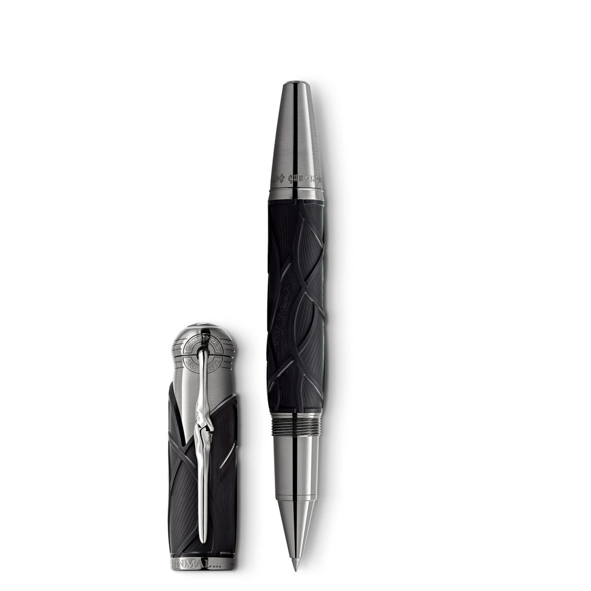 The Montblanc Writers Edition Homage to the Brothers Grimm Limited Edition Rollerball is elegantly displayed on a white background. Its sleek, dark design features intricate silver detailing, and the cap is positioned beside it to highlight a decorative clip and Brothers Grimm-inspired engravings.