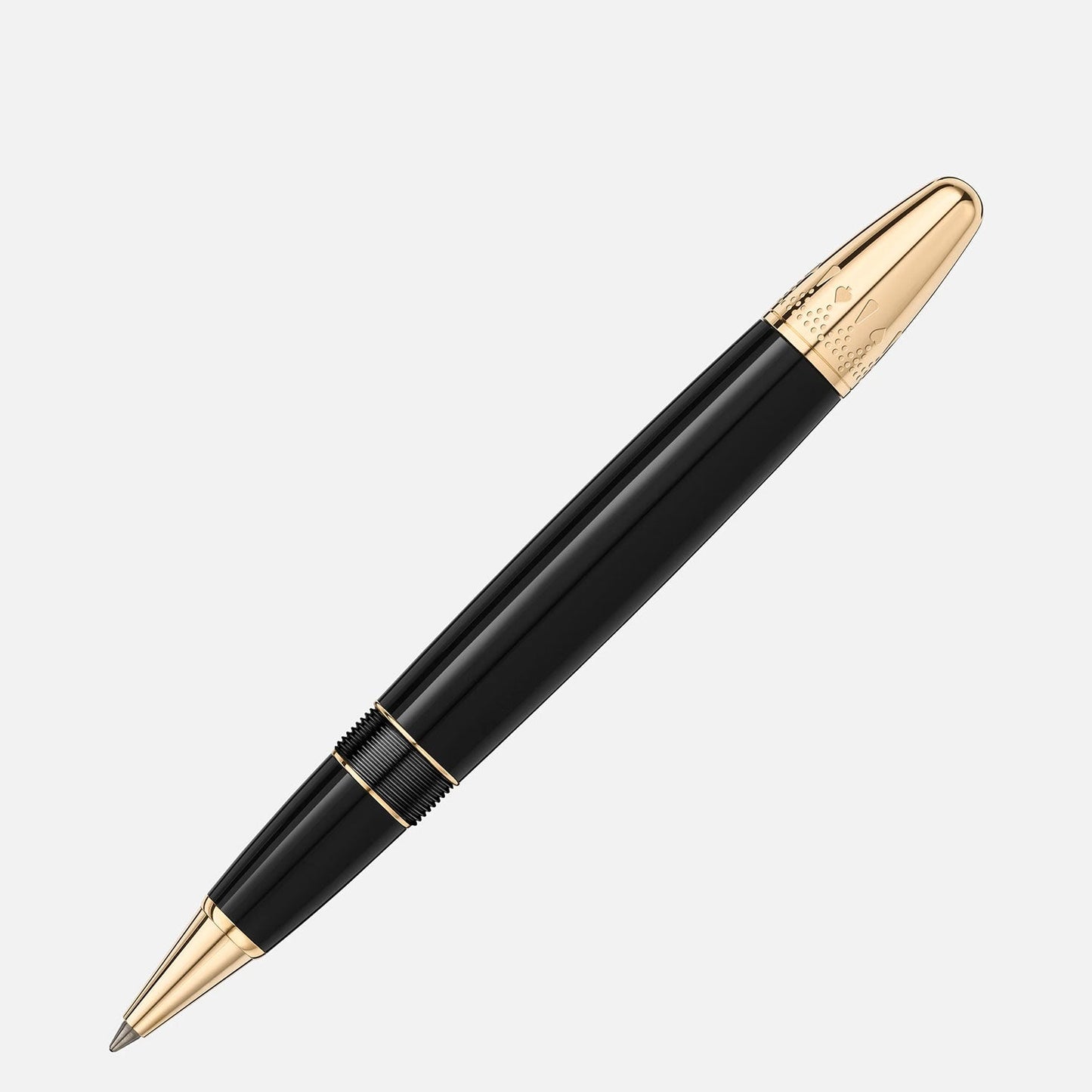 A Montblanc Meisterstuck Around the World in 80 Days Legrand Rollerball Pen, showcasing a luxurious black and gold design with a glossy black finish and shimmering gold accents on the cap and tip, is positioned diagonally against a white background.