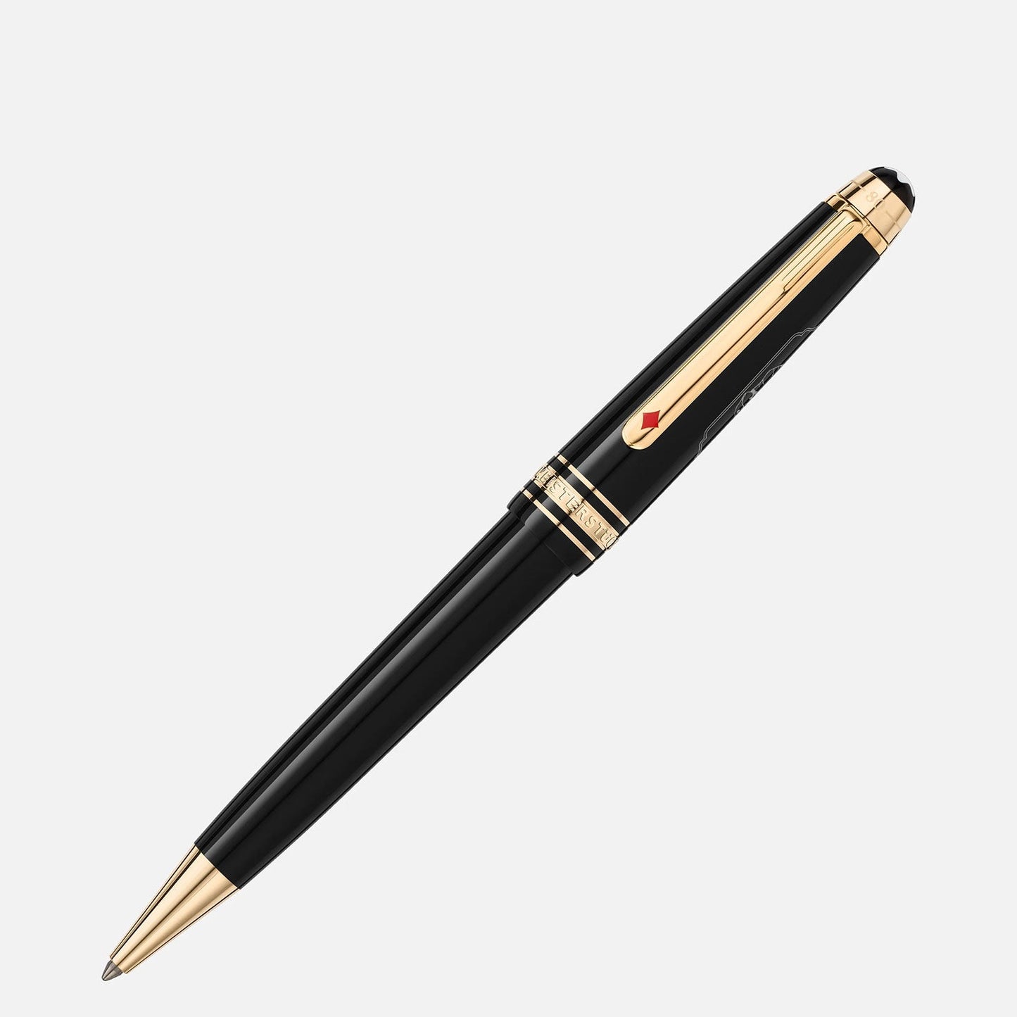 The Montblanc Meisterstück Around the World in 80 Days Midsize Ballpoint Pen boasts a sleek black and gold design with a glossy finish, highlighted by an elegant clip and two decorative rings near the top.