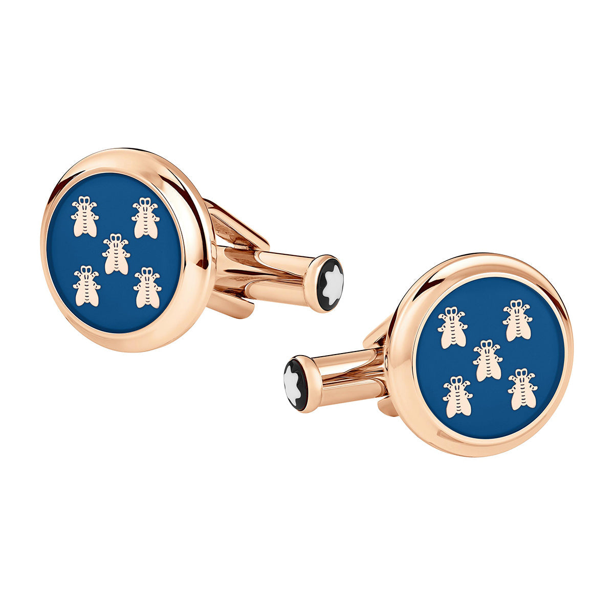 Round Montblanc cufflinks in stainless steel with a blue enamel face adorned by six white bee motifs, featuring black and white star detail on the sides.