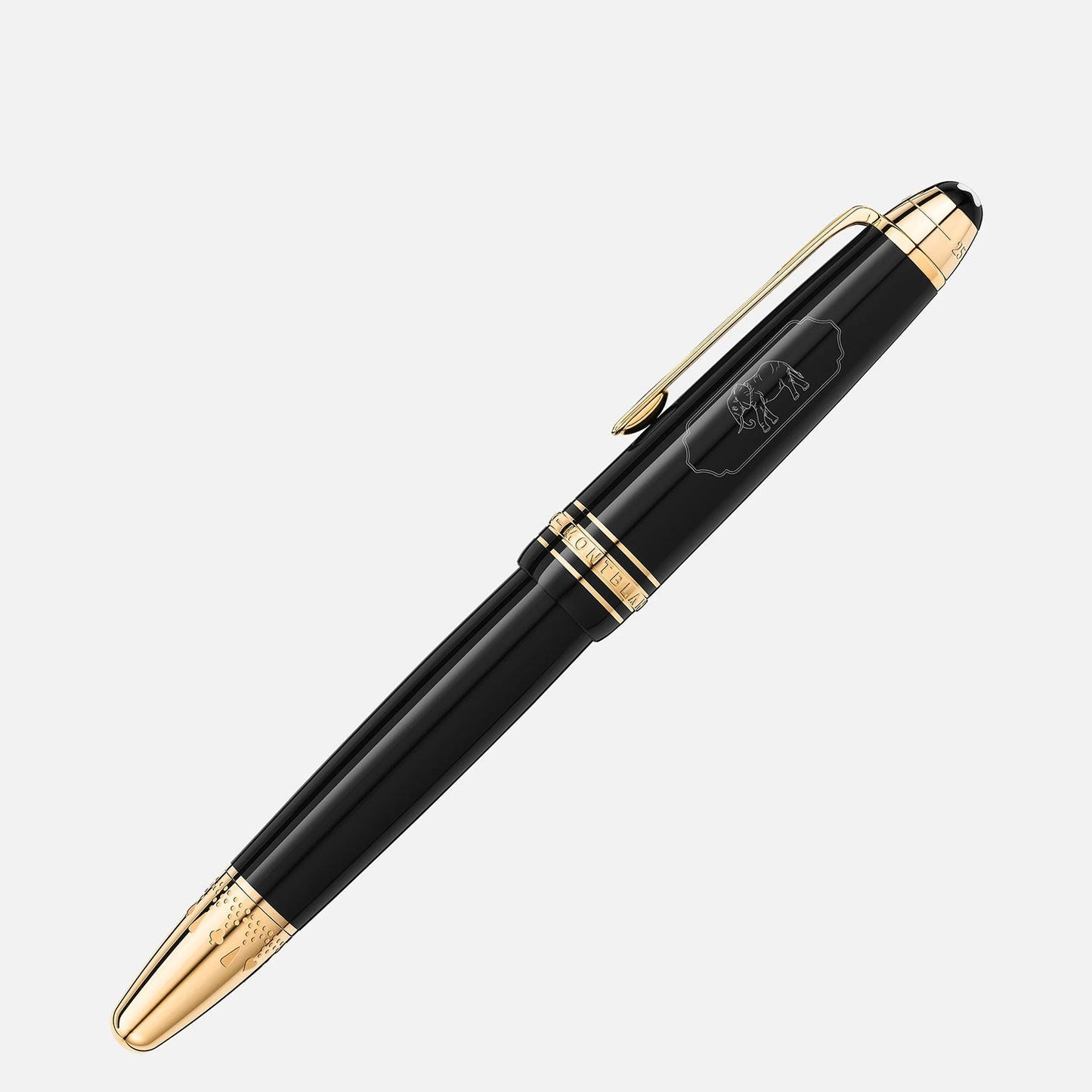 The Montblanc Meisterstück Around the World in 80 Days Legrand Fountain Pen, in a sophisticated black and gold design, is set against a plain white background. The pen captures the adventurous essence of Jules Verne's classic tale with its intricate gold accents and clip, positioned diagonally across the image.