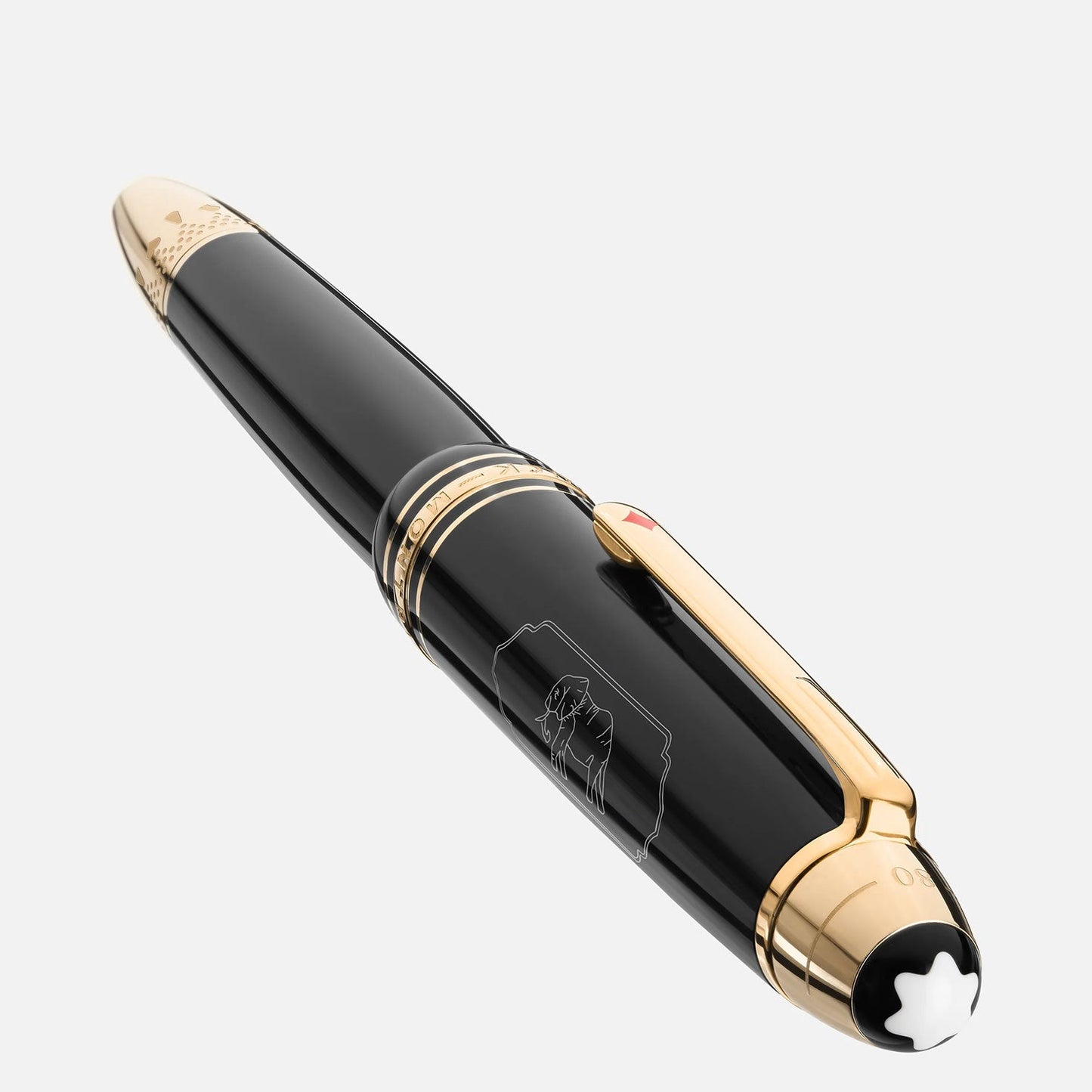 The Montblanc Meisterstück Around the World in 80 Days Legrand Fountain Pen evokes Jules Verne's classic adventures, featuring a black luxury design accented with gold details and intricate craftsmanship on the cap and clip, set against a simple white background.