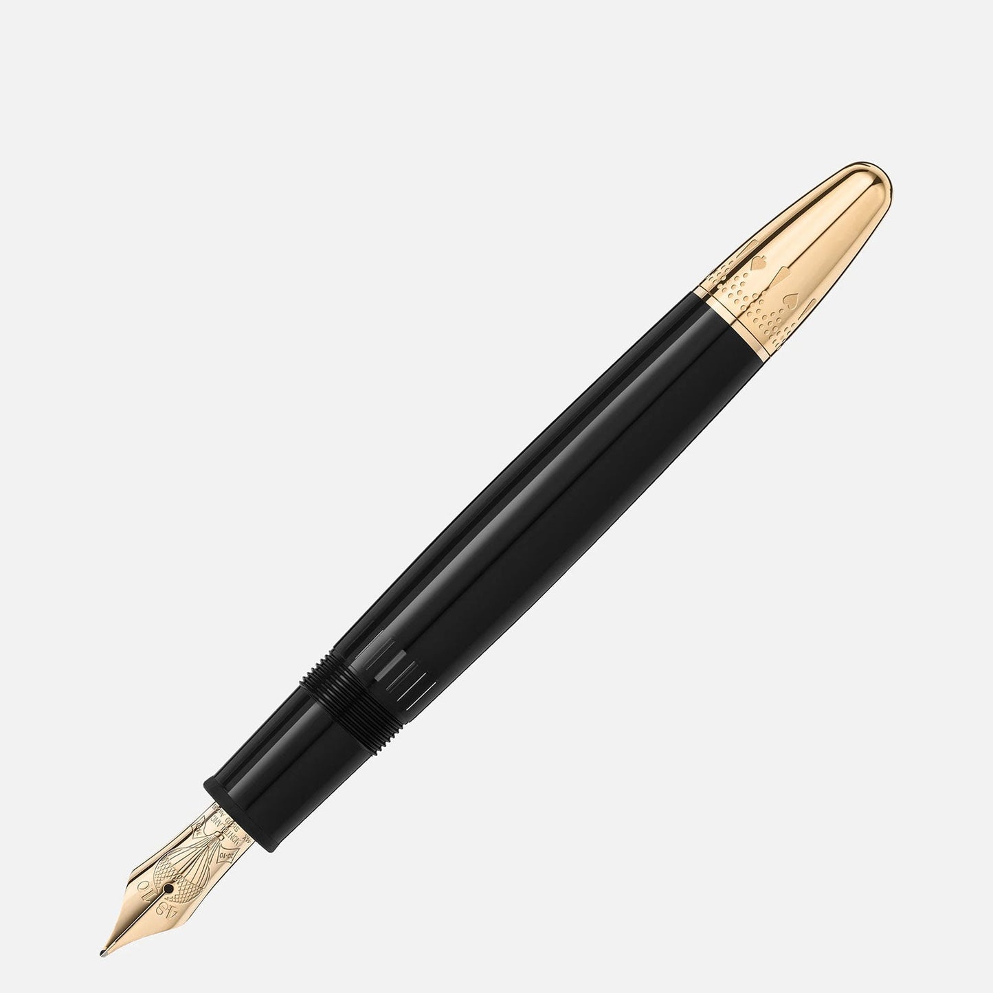 A Montblanc Meisterstück Around the World in 80 Days Legrand Fountain Pen, featuring a black design with gold accents and an engraved nib inspired by the adventures of Jules Verne, is positioned diagonally on a white background.