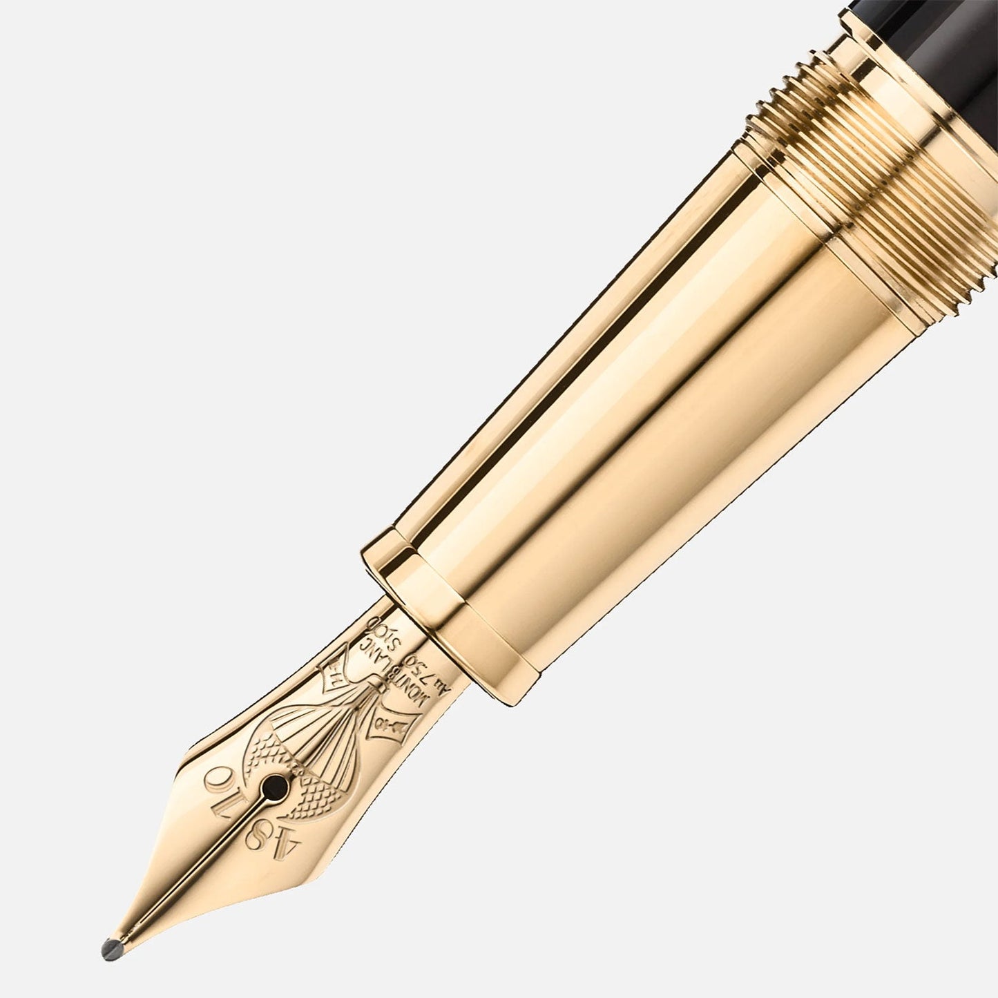A close-up shot highlights the gold-plated nib of the Montblanc Meisterstück Around the World in 80 Days Classique Fountain Pen, featuring "4810" among other details. This exquisite nib connects seamlessly to a sleek black barrel, all set against a simple white background. This elegant design pays homage to Jules Verne's adventurous spirit.