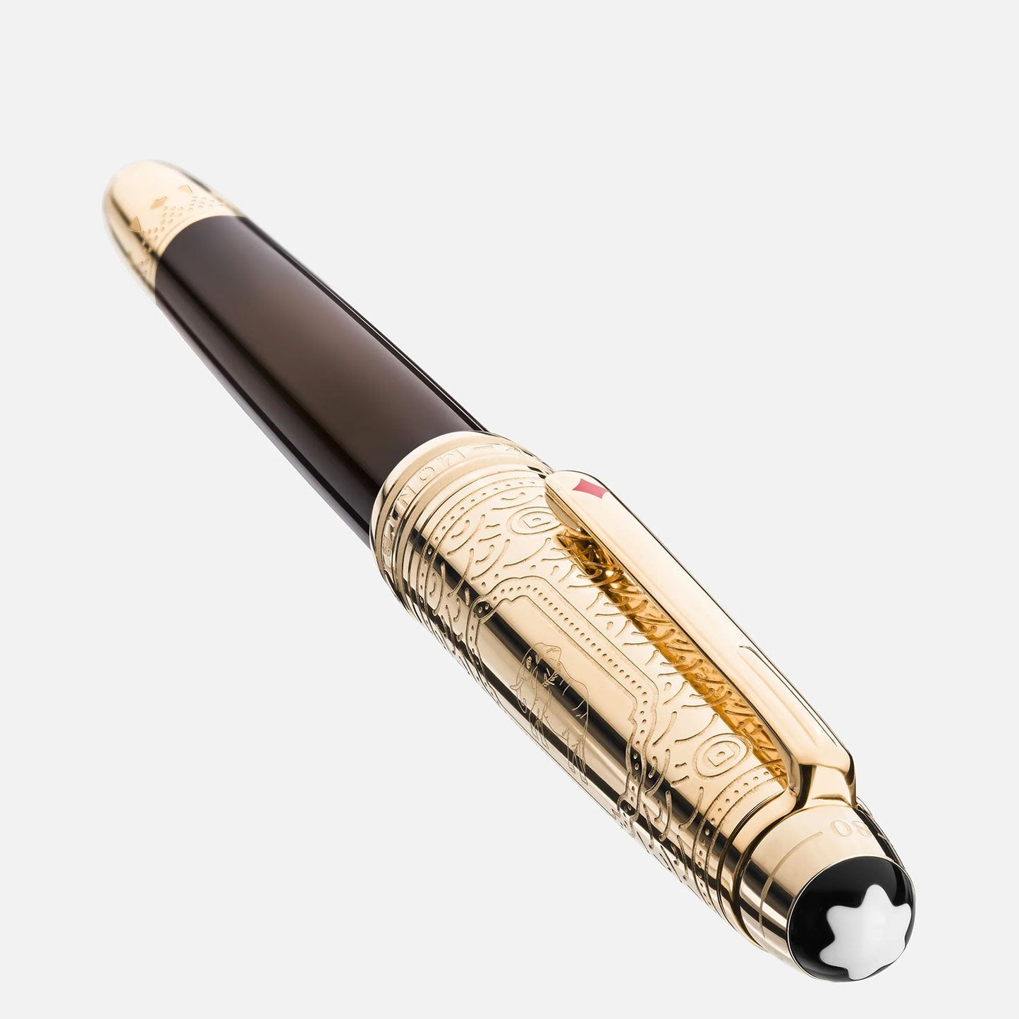 The Montblanc Meisterstuck Around the World in 80 Days Classique Fountain Pen is a luxurious writing instrument, showcasing a brown barrel adorned with intricate gold detailing on the cap and clip. It features a black and white emblem on the top of the cap against a plain white background, capturing the adventurous essence of Jules Verne's "Around the World in 80 Days.