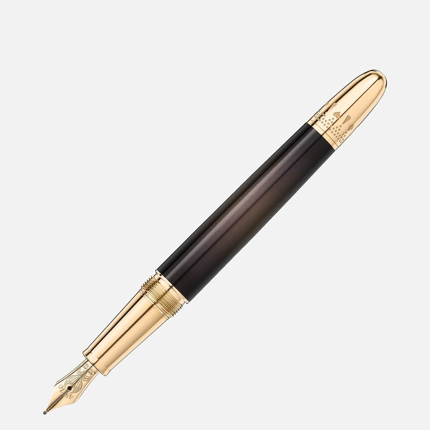 This exquisite Montblanc Meisterstück Around the World in 80 Days Classique Fountain Pen showcases a gold-plated nib and cap. Its barrel elegantly transitions from dark gray to black, inspired by the adventure of Jules Verne’s classic. The pen is artistically displayed at an angle against a plain white background.
