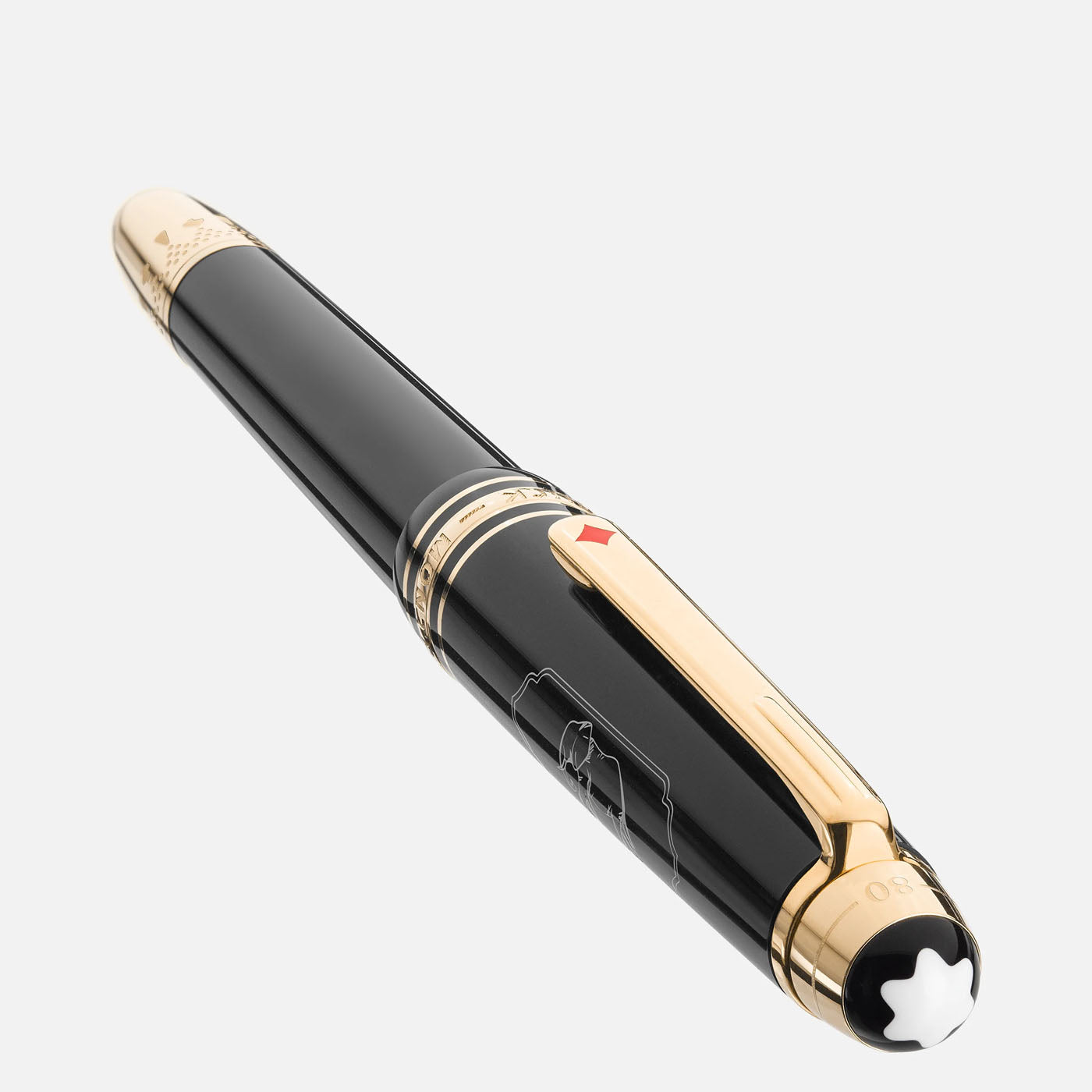 The Montblanc Meisterstuck Around the World in 80 Days Classique Fountain Pen, made from anthracite precious resin, showcases elegance with its gold accents and a unique red diamond-shaped clip. The pen's sophisticated design is highlighted by a white star emblem on the cap and is presented at a slight angle on a plain white background.
