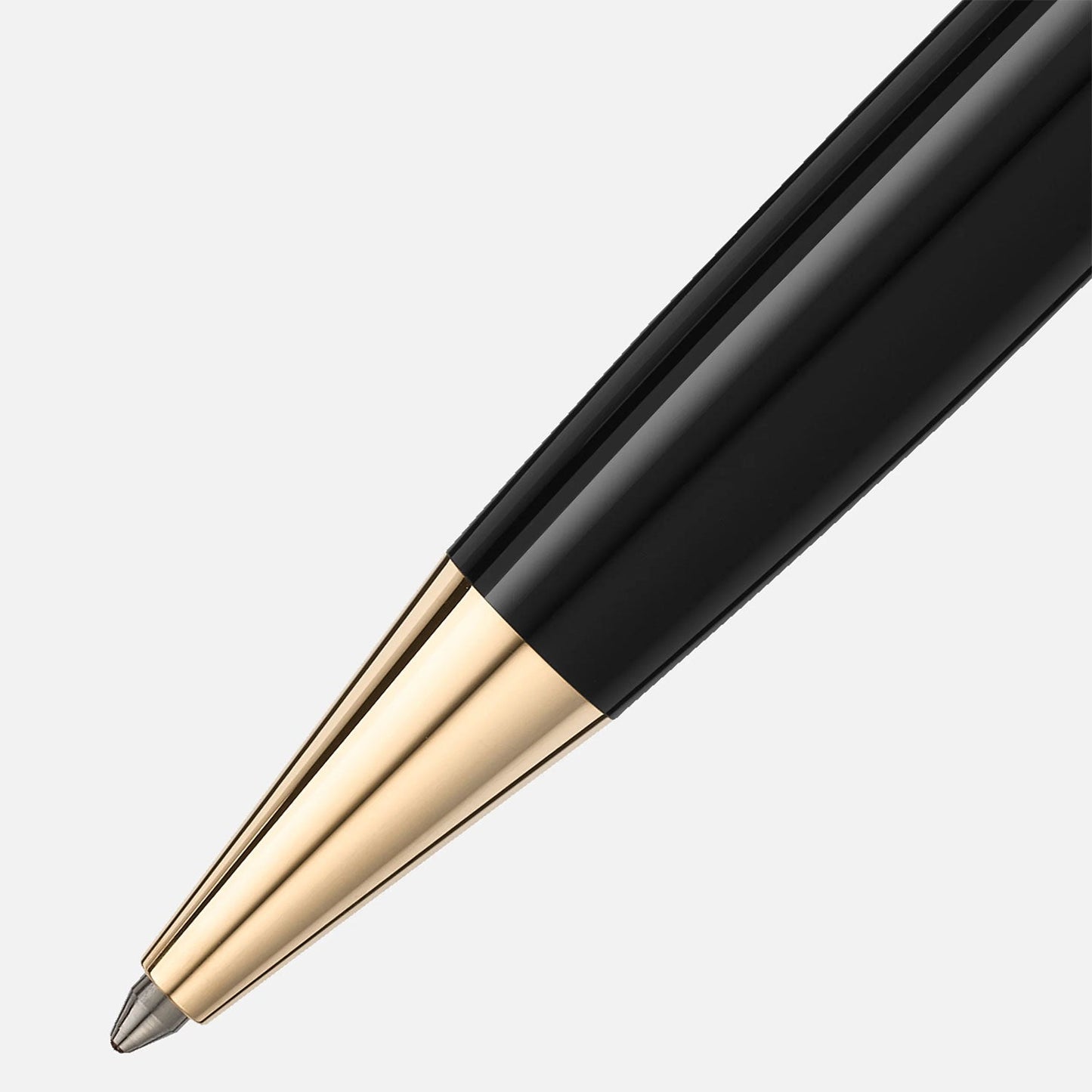 Close-up of a Montblanc Meisterstück Around the World in 80 Days Classique Ballpoint Pen tip featuring a sleek black and gold design on a white background. The metallic, shiny pen tip emphasizes its modern elegance, while the anthracite precious resin adds a distinctive touch reminiscent of Montblanc's renowned craftsmanship.