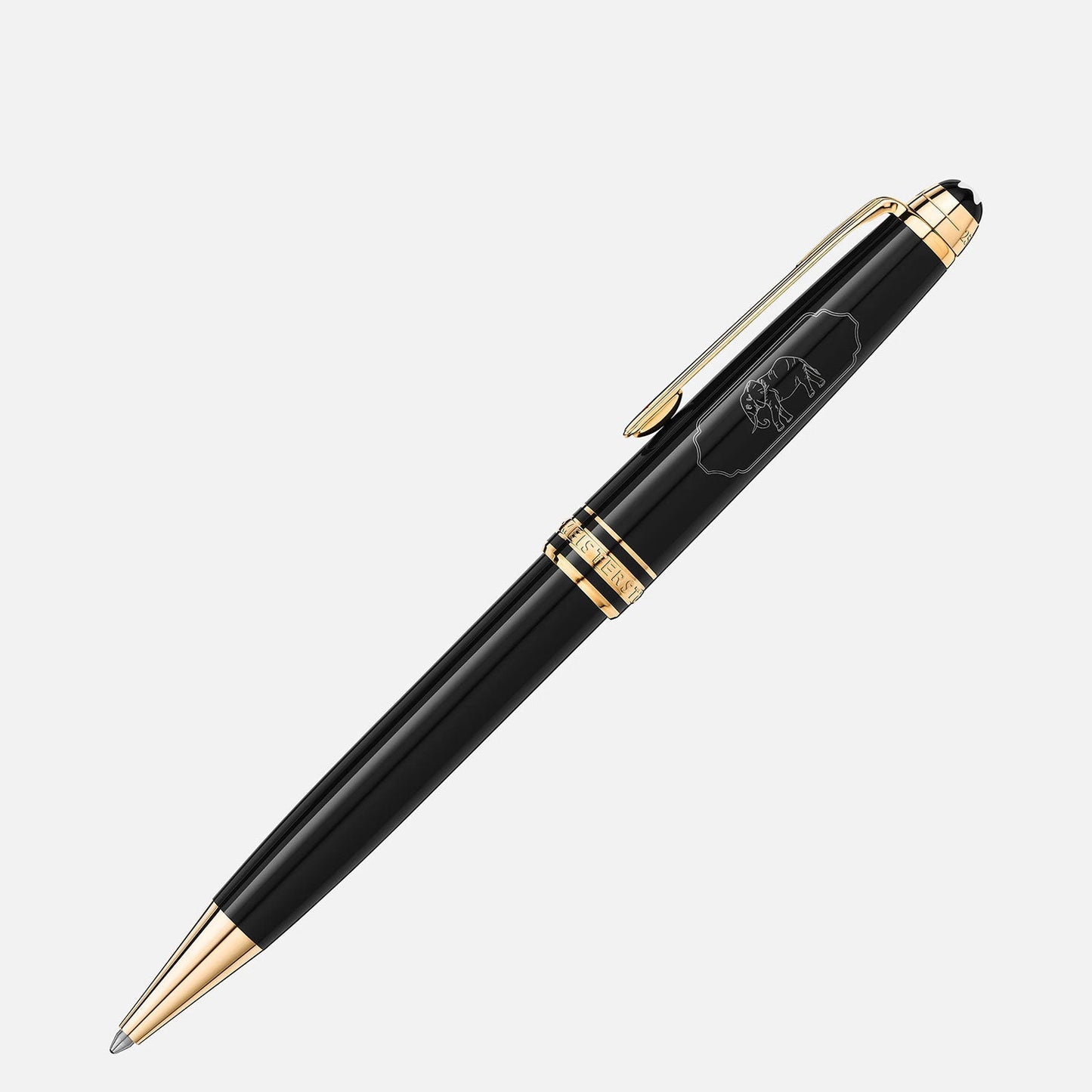 A sophisticated Montblanc Meisterstück Around the World in 80 Days Classique Ballpoint Pen, featuring a black body with gold accents, a clip, and an anthracite precious resin engraved design, is positioned diagonally against a plain white background.