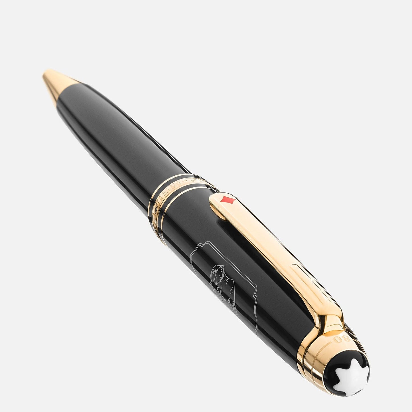A classy black ballpoint pen with gold accents and a glossy finish, reminiscent of the Montblanc Meisterstück Around the World in 80 Days Classique. It features a gold clip and a white logo with a black star on the cap, set against a simple white background.