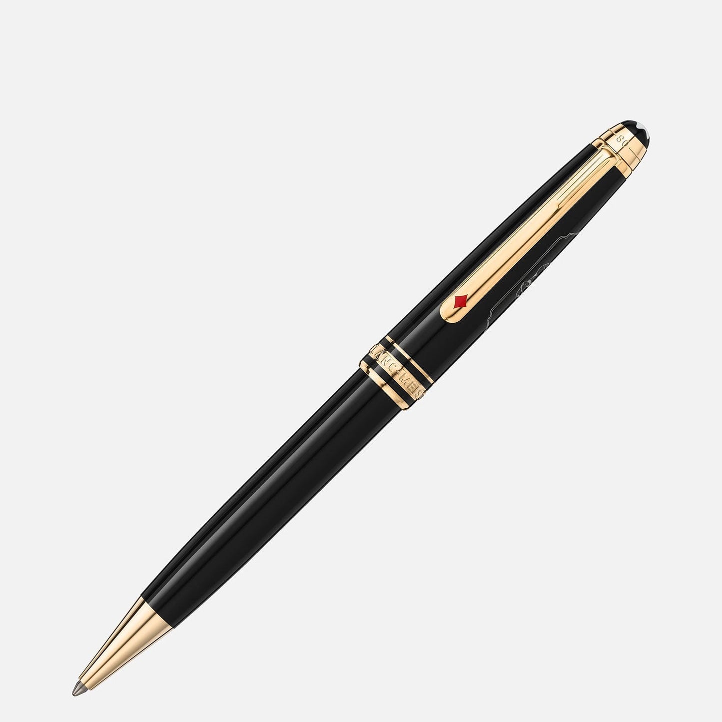 A Montblanc Meisterstuck Around the World in 80 Days Classique Ballpoint pen, featuring gold accents and a clip, styled in elegant anthracite precious resin, rests diagonally on a plain white background.