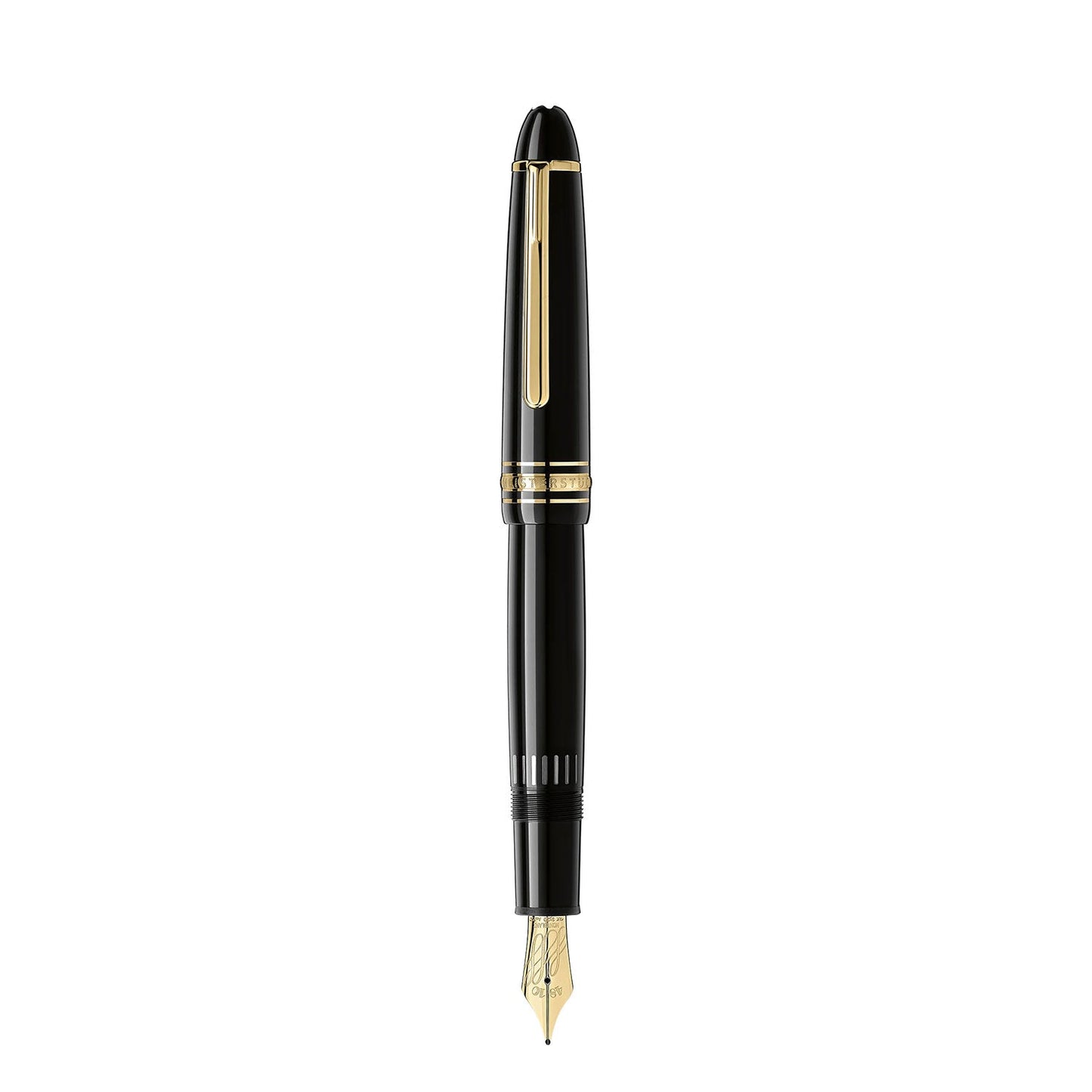 The Montblanc Meisterstück Le Grand Calligraphy Flexible Nib Fountain Pen, boasting a luxurious black finish with gold accents and a flexible nib, is positioned upright against a white background.