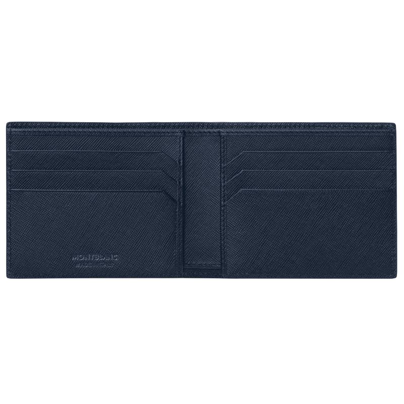 The Montblanc Sartorial Leather Wallet 6cc from the renowned brand Montblanc features a sophisticated dark blue Saffiano leather design. With a slightly textured surface and a small embossed logo in the lower left corner, this wallet opens to reveal multiple card slots on each side.