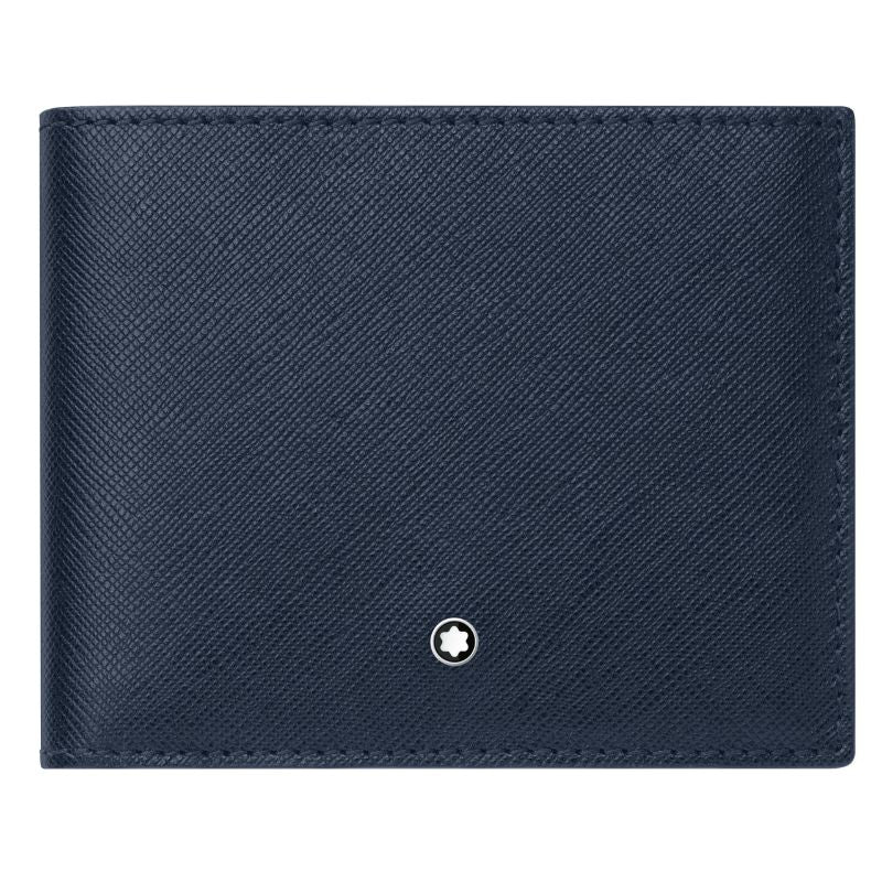 This elegant wallet from the Montblanc Sartorial Collection, featuring a small circular logo on the front, is a navy blue Montblanc Sartorial Leather Wallet 6cc crafted from Saffiano leather.