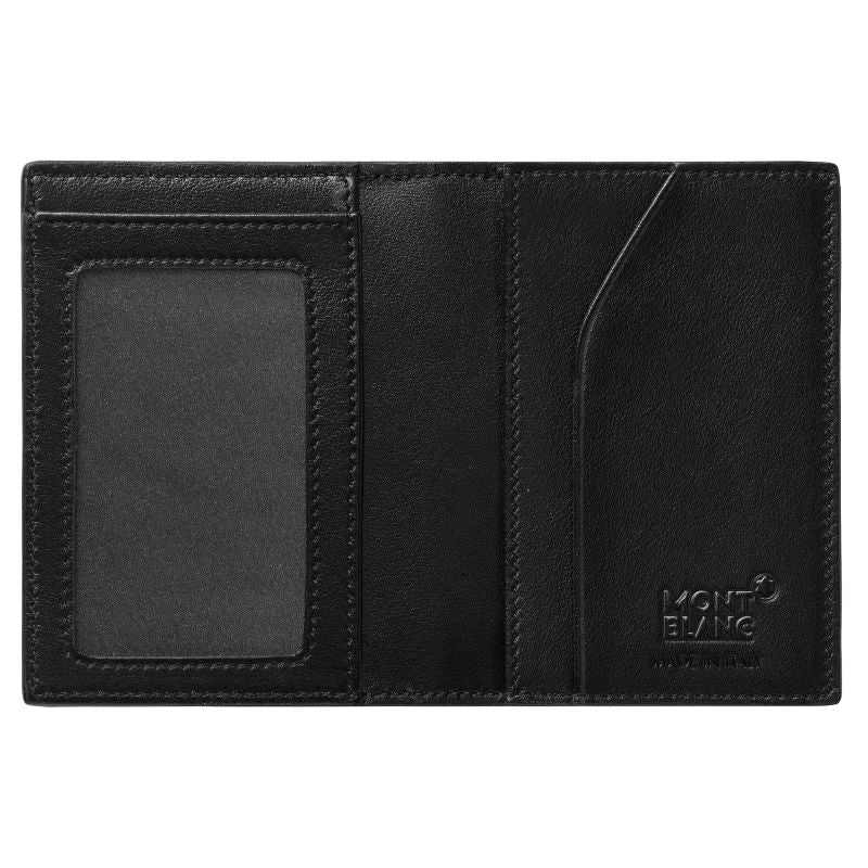 Open the Montblanc Extreme 2.0 Leather Business Card Holder in black, featuring multiple card slots and a transparent ID slot with RFID blocking for enhanced security. The interior displays embossed Montblanc branding, while the sleek and minimalist design is perfect for holding business cards.