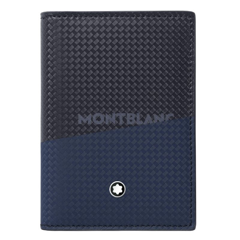 Introducing the Montblanc Extreme 2.0 Leather Business Card Holder, a stylish accessory in blue and black textured leather with a diagonal design. It prominently features the word "MONTBLANC" alongside a distinctive white star emblem on the front. Enhanced with RFID blocking technology, it's ideal for keeping your essentials secure.