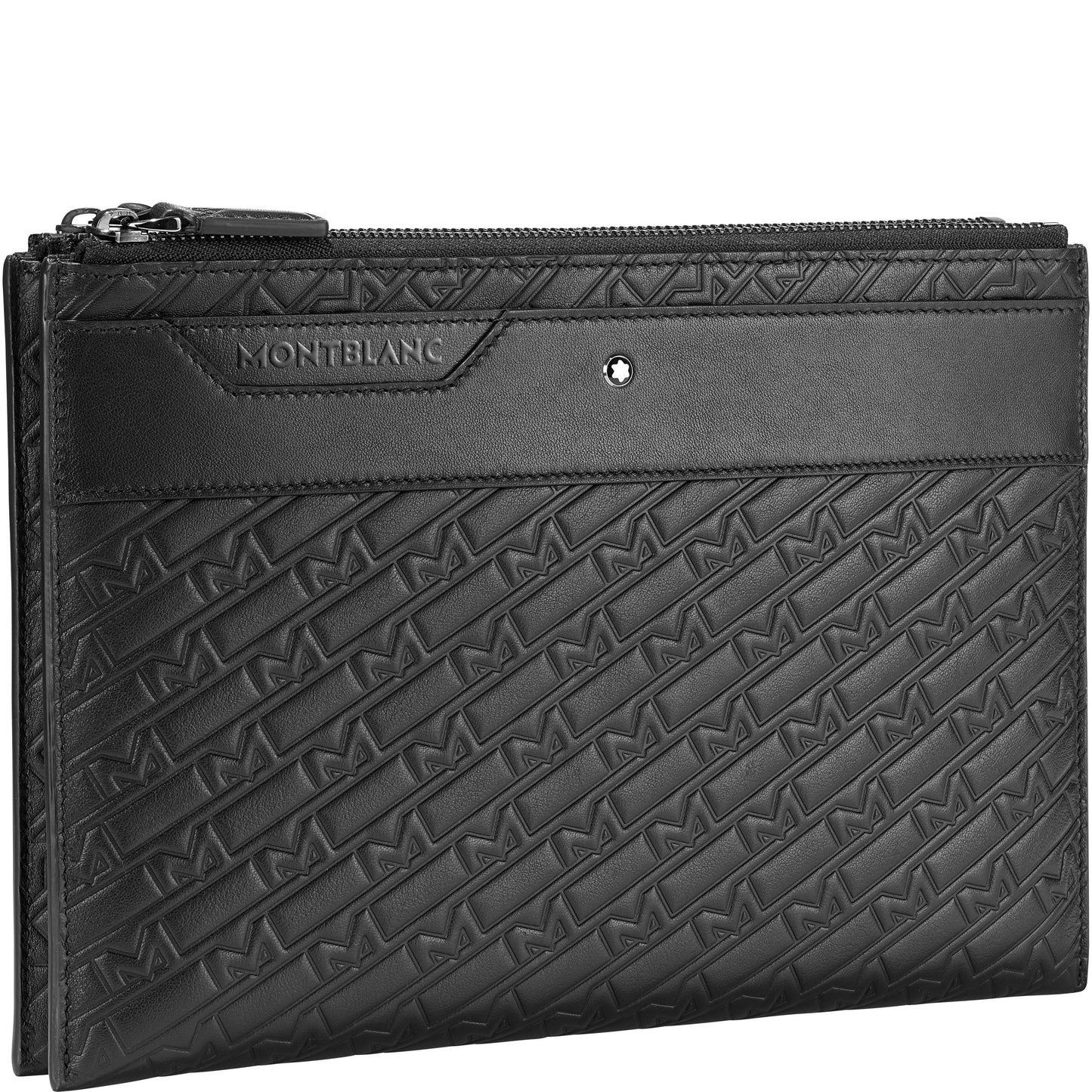 The Montblanc M-Gram Leather Clutch Bag features a sophisticated black leather design adorned with an embossed geometric pattern and a small star emblem. Equipped with a top zip closure and a branded leather strip, this fashionable item is distinguished by the unique Style Number 128621.