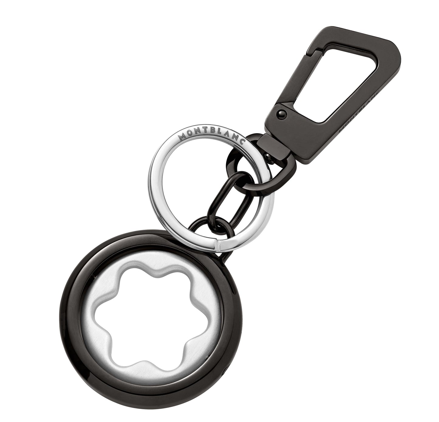A Montblanc Meisterstuck Spinning Emblem Key Fob in black, complete with a carabiner clip and a spinning circular emblem featuring a star-shaped cutout at its center.