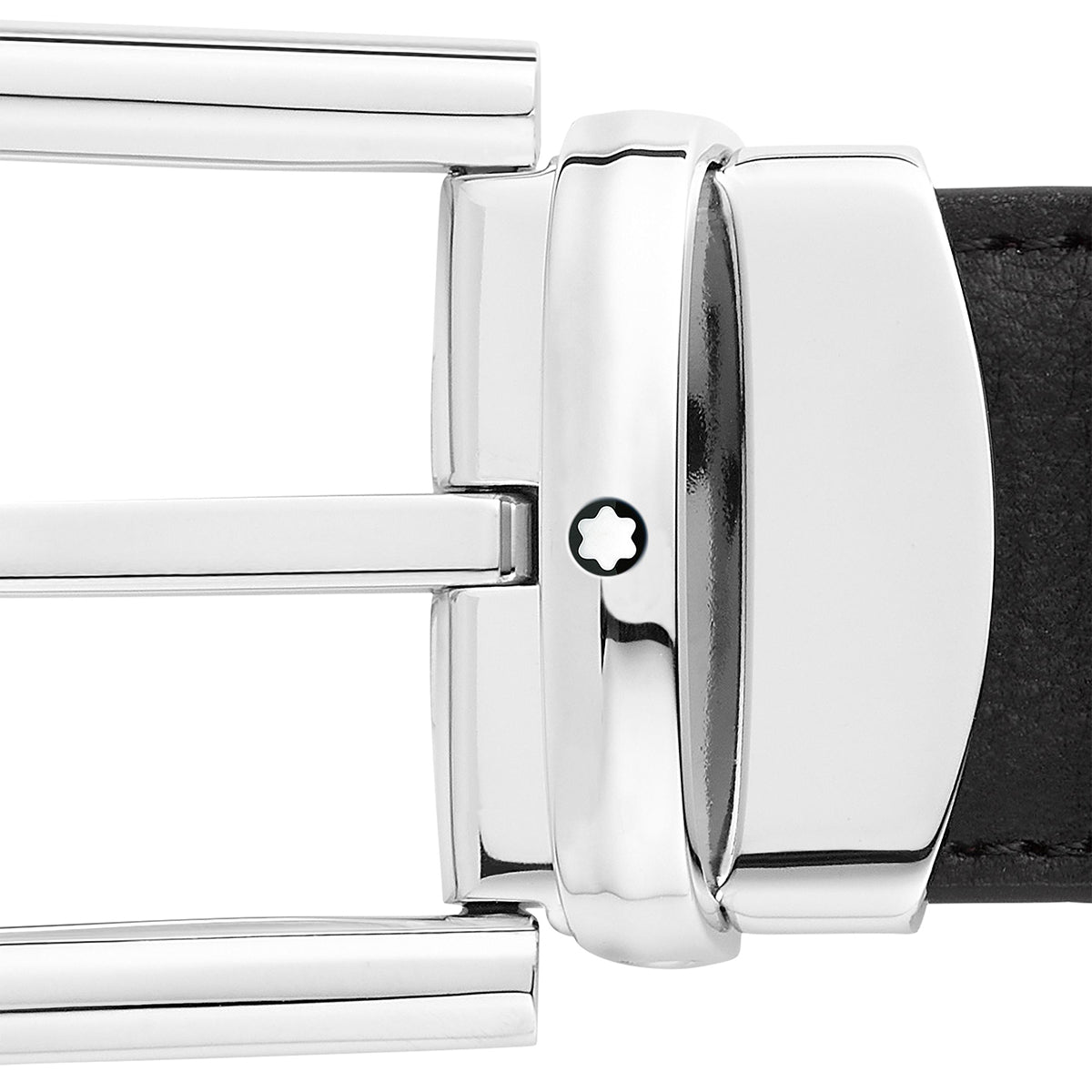 Close-up of the Montblanc Horseshoe Leather Belt, featuring a silver buckle with a palladium finish, attached to a reversible black leather strap. The shiny, polished metal buckle displays a small star-shaped emblem on its side.