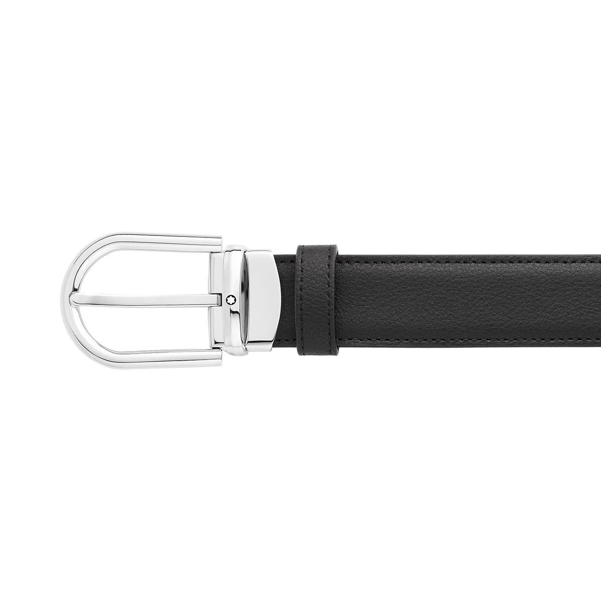 The Montblanc Horseshoe Leather Belt features a sleek black leather strap with a shiny palladium-finish buckle. Its rectangular metal piece includes a single prong, and the smooth leather showcases a minimalistic design. Similar to other offerings from Montblanc, it boasts a tapered end for added elegance.