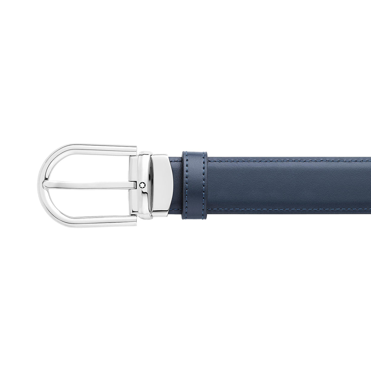 A close-up of the Montblanc Horseshoe Leather Belt in dark blue leather with a silver palladium-finish buckle, displayed against a white background. This reversible design includes a single loop near the buckle to secure the strap.