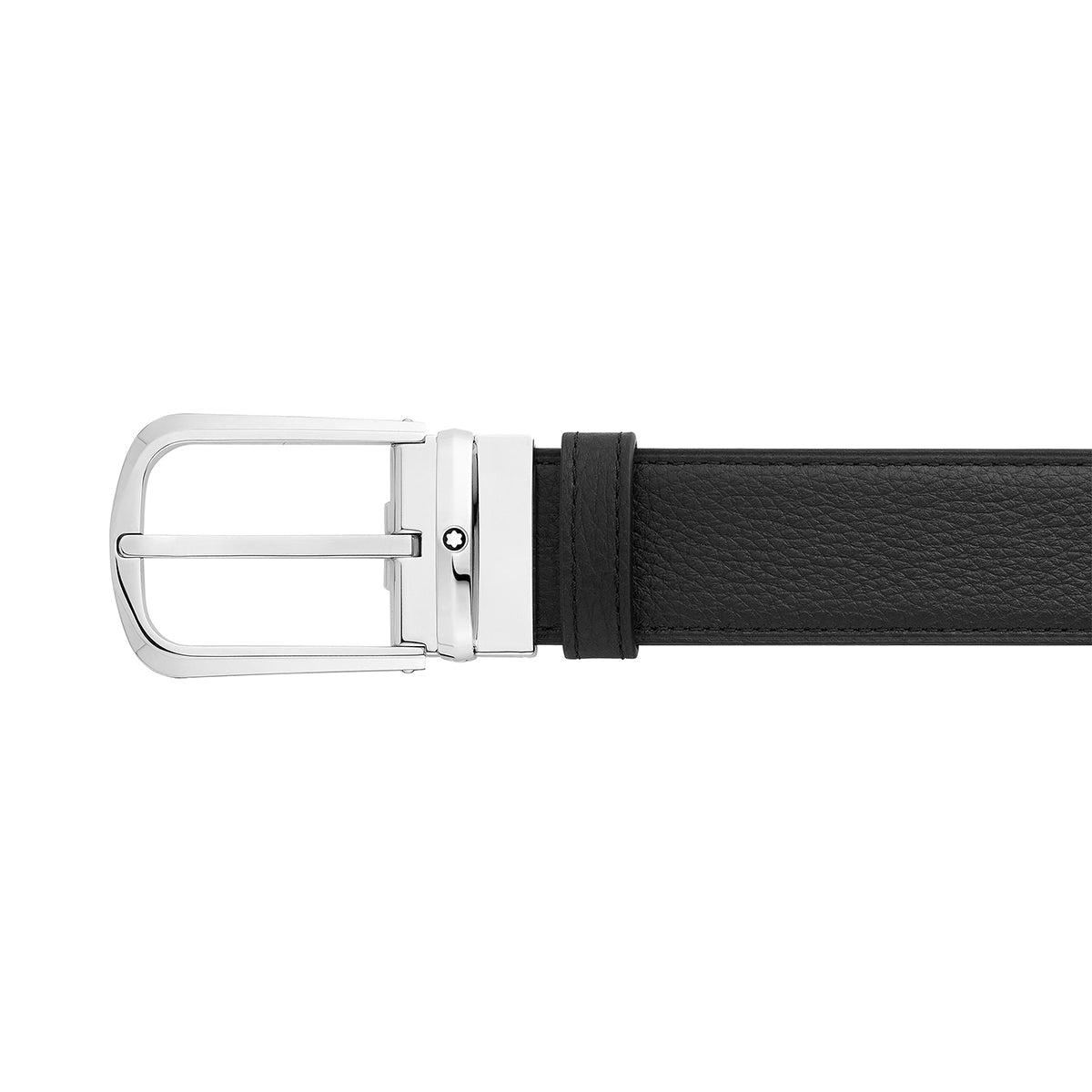 The Montblanc Reversible Leather Belt showcases a sophisticated design, featuring black leather and a polished stainless steel pin buckle. Displayed from the side against a simple white background, it highlights exquisite stitching and a glossy finish.