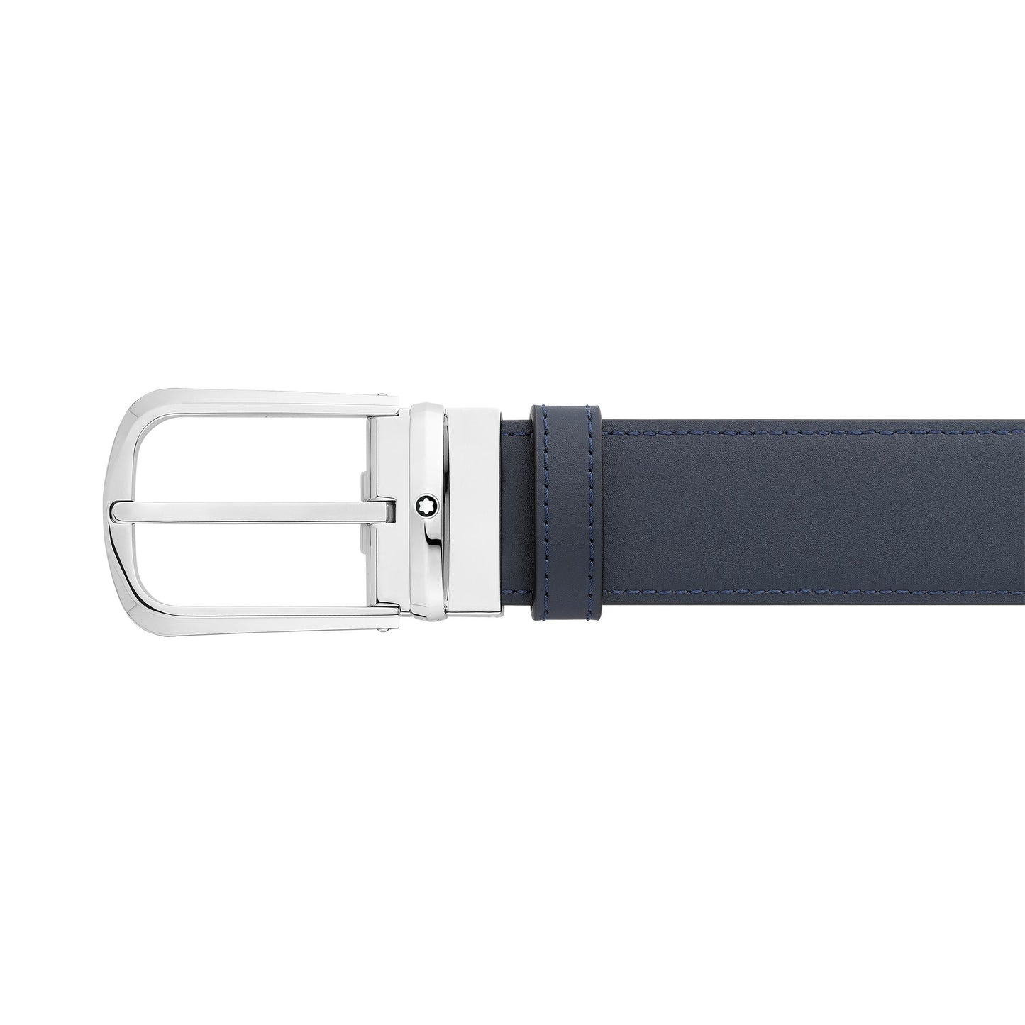 A sleek Montblanc Reversible Leather Belt in dark blue leather, featuring a polished stainless steel pin buckle. The belt boasts a smooth texture and neat stitching along the edges, providing a refined and elegant appearance, while the shiny design of the buckle adds a modern touch.