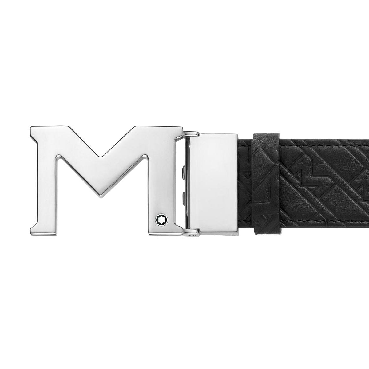 The Montblanc M Buckle Leather Belt features a sophisticated black leather design adorned with a geometric pattern and is highlighted by its distinctive silver "M" shaped buckle, effortlessly blending elegance with contemporary style.