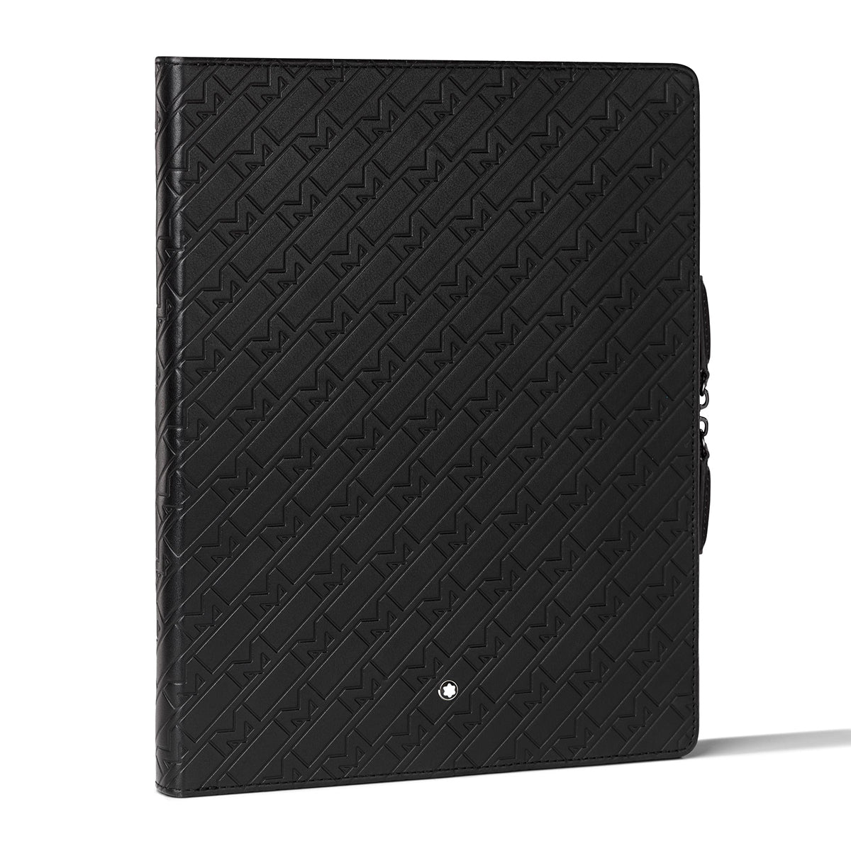 The Montblanc Augmented Paper x Montblanc UltraBlack Edition features a textured geometric design adorned with a small round silver emblem on the front, and its repeating sequence of angled lines exudes a stylish and sophisticated appearance.