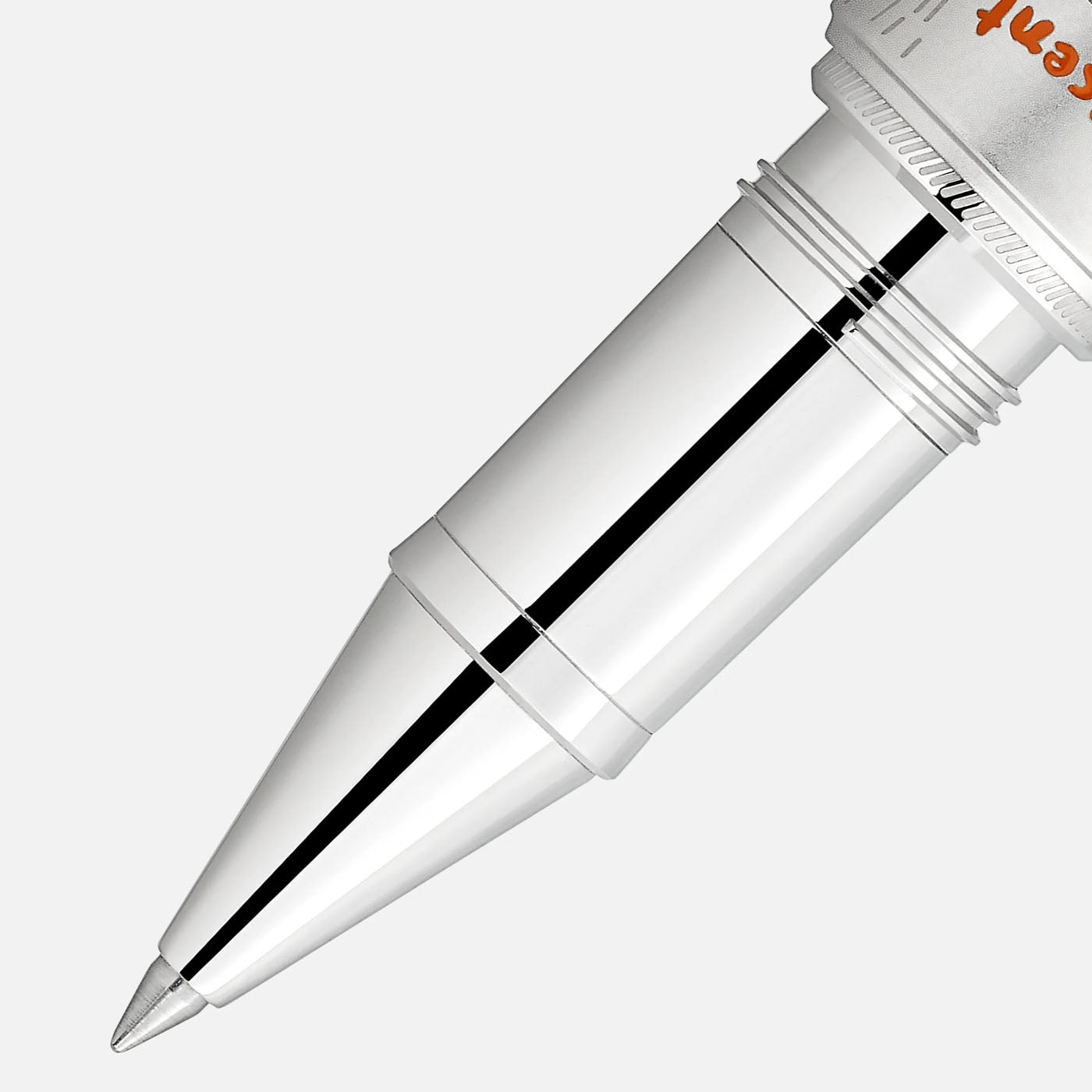 Close-up of a Montblanc Masters of Art Homage to Vincent Van Gogh Limited Edition 4810 Rollerball Pen tip against a white background, highlighting its sleek metallic surface and grooves.