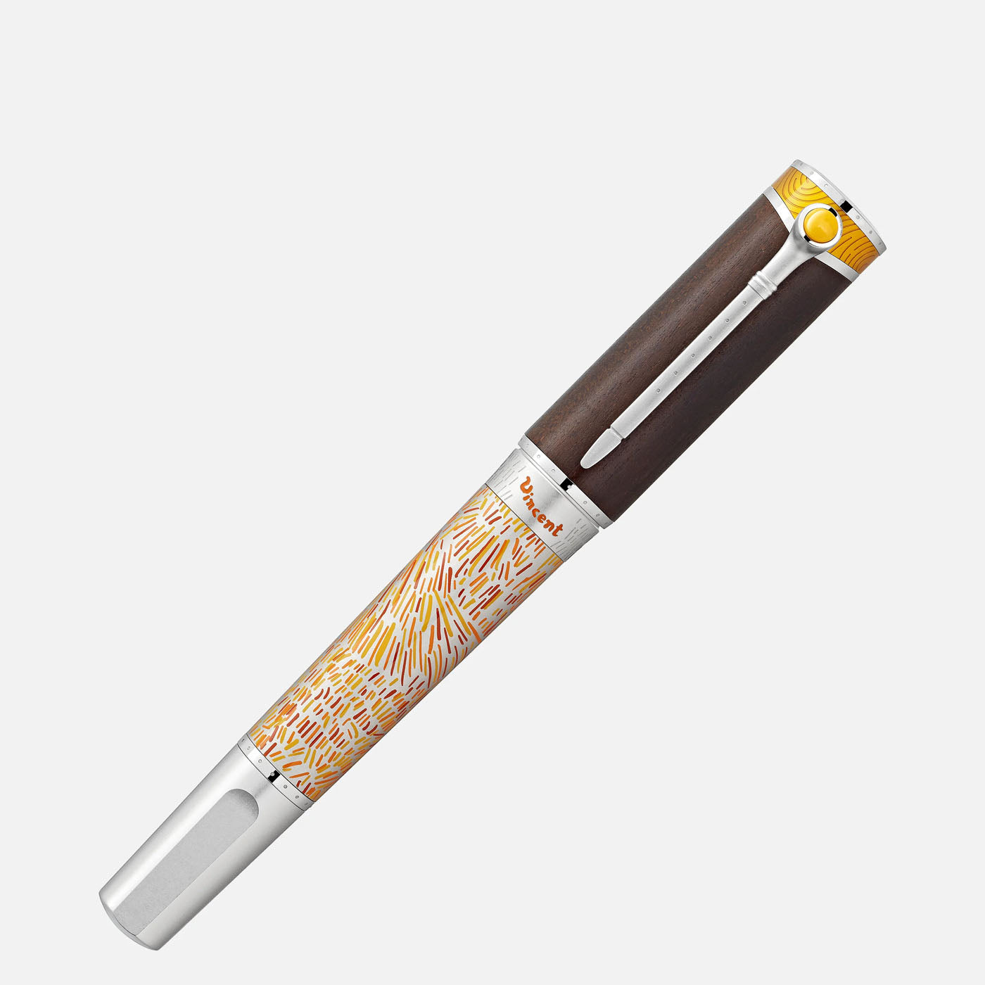 The Montblanc Masters of Art Homage to Vincent Van Gogh Limited Edition 4810 Rollerball Pen features a brown cap with a silver clip and a distinctive yellow button. Its barrel is adorned with an abstract yellow and orange pattern inspired by Van Gogh's art, complemented by the elegant design that includes a sophisticated silver nib section.