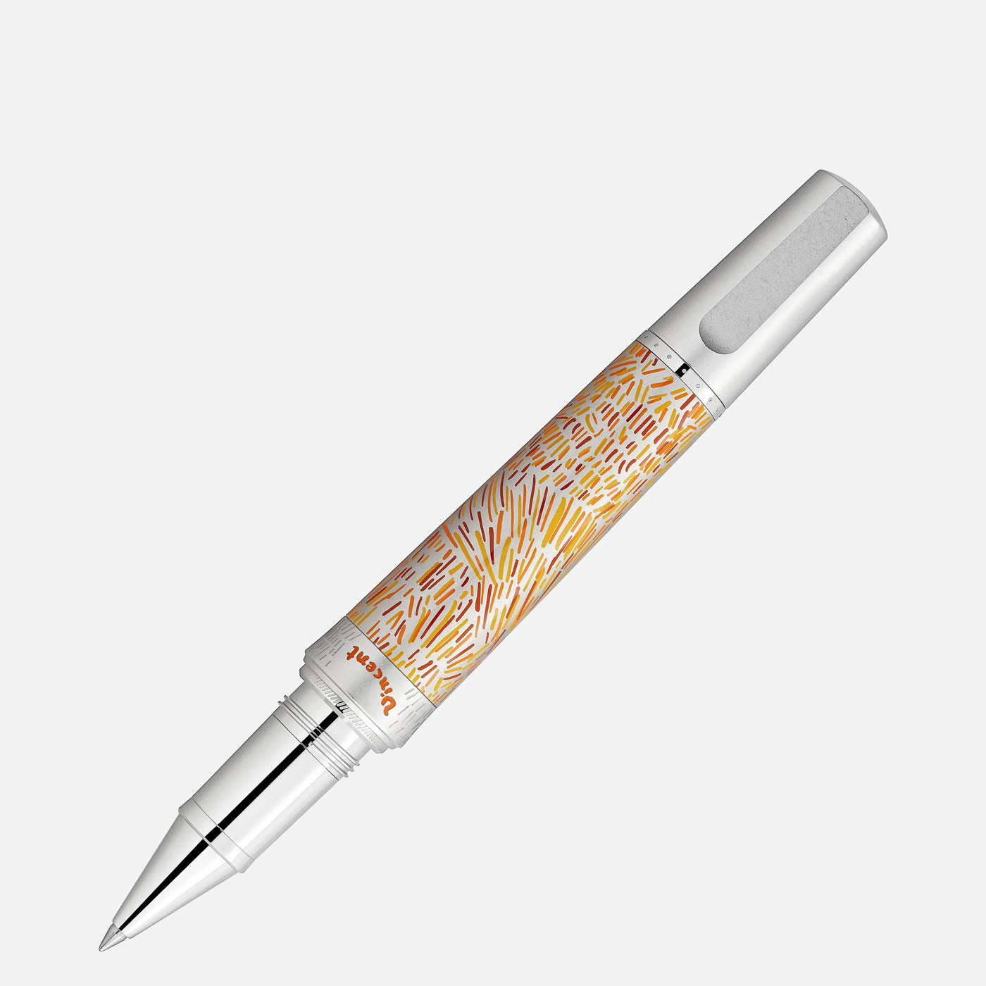 A Montblanc Masters of Art Homage to Vincent Van Gogh Limited Edition 4810 Rollerball Pen, featuring a white and orange design with a decorative pattern inspired by Van Gogh's Provencal wheatfields, isolated on a plain background. This limited edition piece embodies artistic elegance.