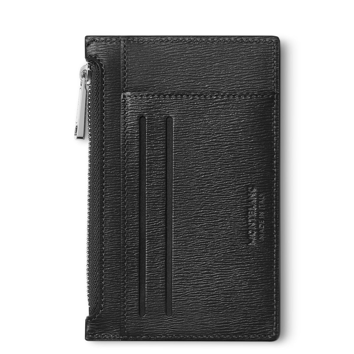 The Montblanc Meisterstück 4810 Black Leather Card Holder boasts a textured finish with two vertical card slots and a zippered compartment on the left side.