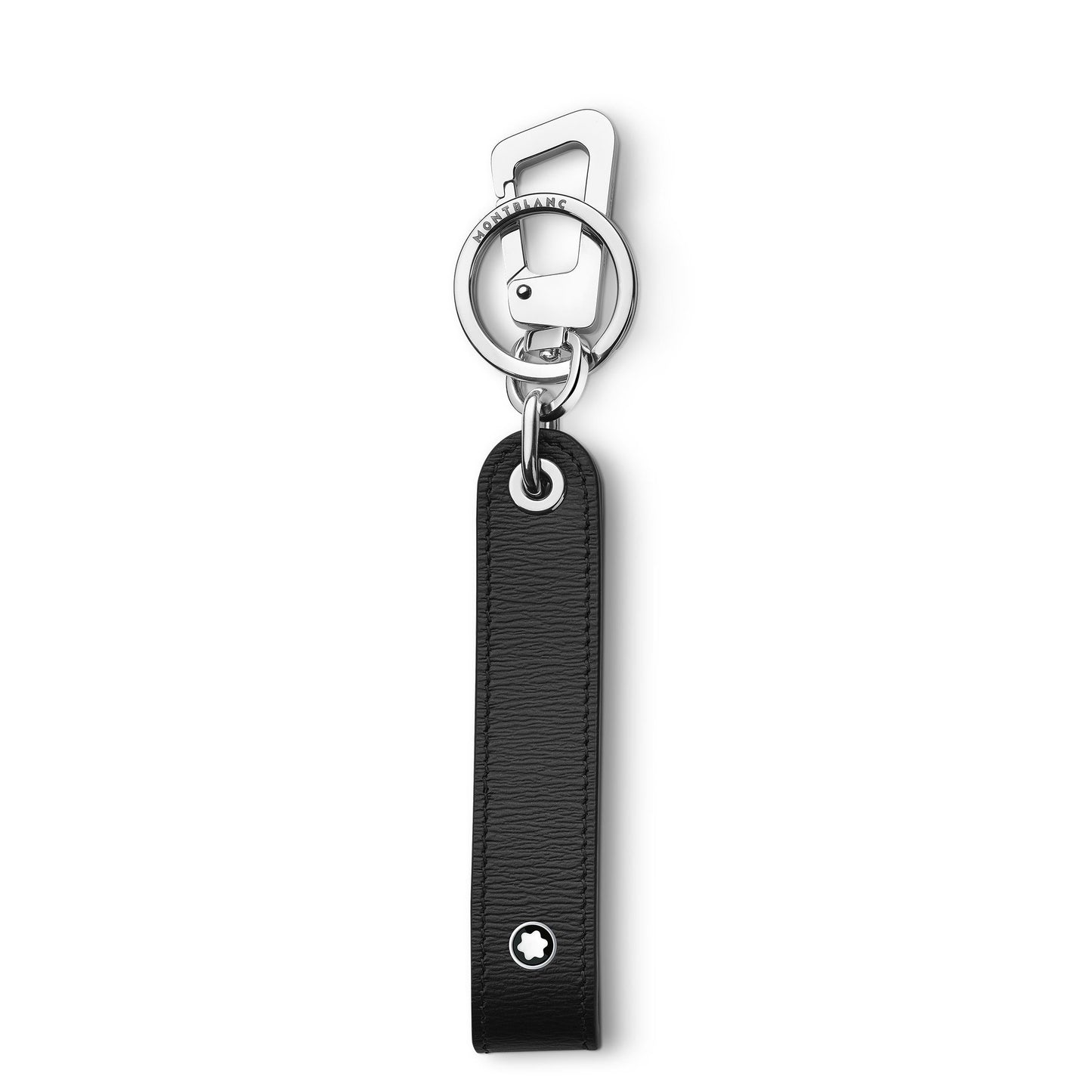 The Montblanc Meisterstuck 4810 Loop Key Fob by Montblanc boasts a black textured leather strap, complemented by a metal ring and clip. A star-like emblem is elegantly positioned at the bottom of the strap, adding sophistication to this accessory. Style Number 129257 guarantees a luxurious touch.