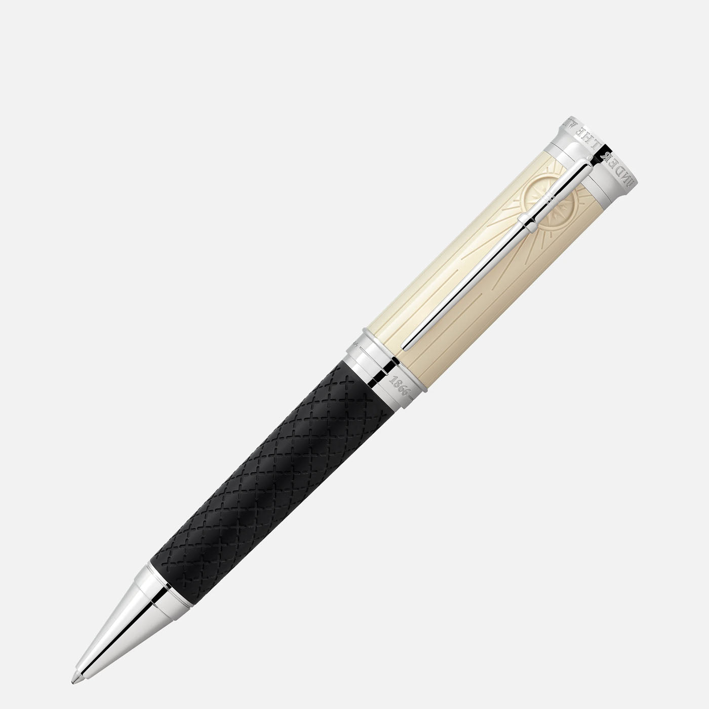 The Montblanc Writers Edition Homage to Robert Louis Stevenson Limited Edition Ballpoint Pen features a black textured barrel paired with a cream-colored cap adorned with an engraved pattern reminiscent of Treasure Island. Silver accents on the nib, clip, and cap base make this exquisite piece an ideal addition to any Robert Louis Stevenson fan's collection.