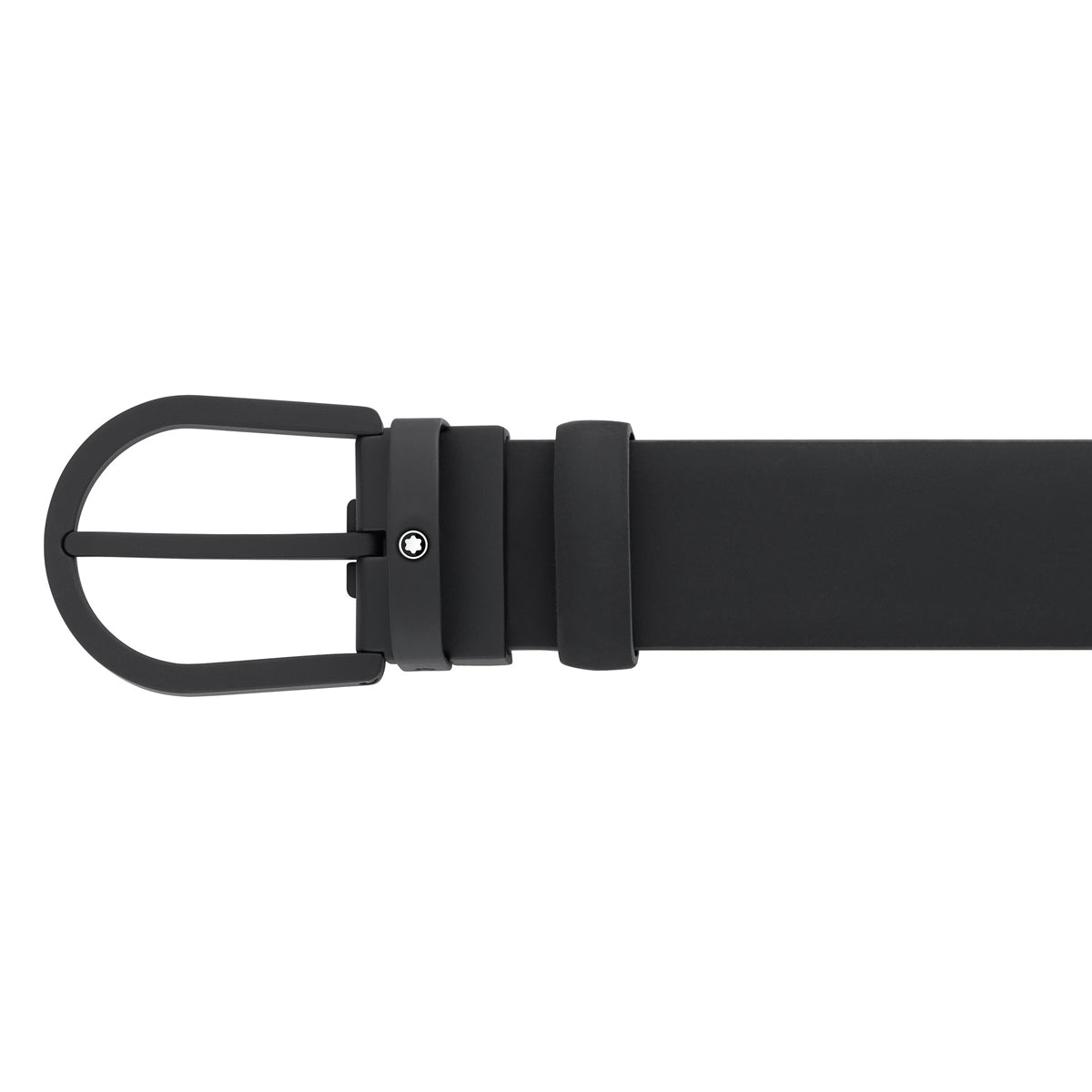 The Montblanc Horseshoe Leather Belt is presented horizontally, highlighting its sleek minimalist design in black. It features a matte black buckle and two belt loops, boasting a smooth finish without visible holes. This Montblanc belt effortlessly enhances any outfit with its understated elegance.