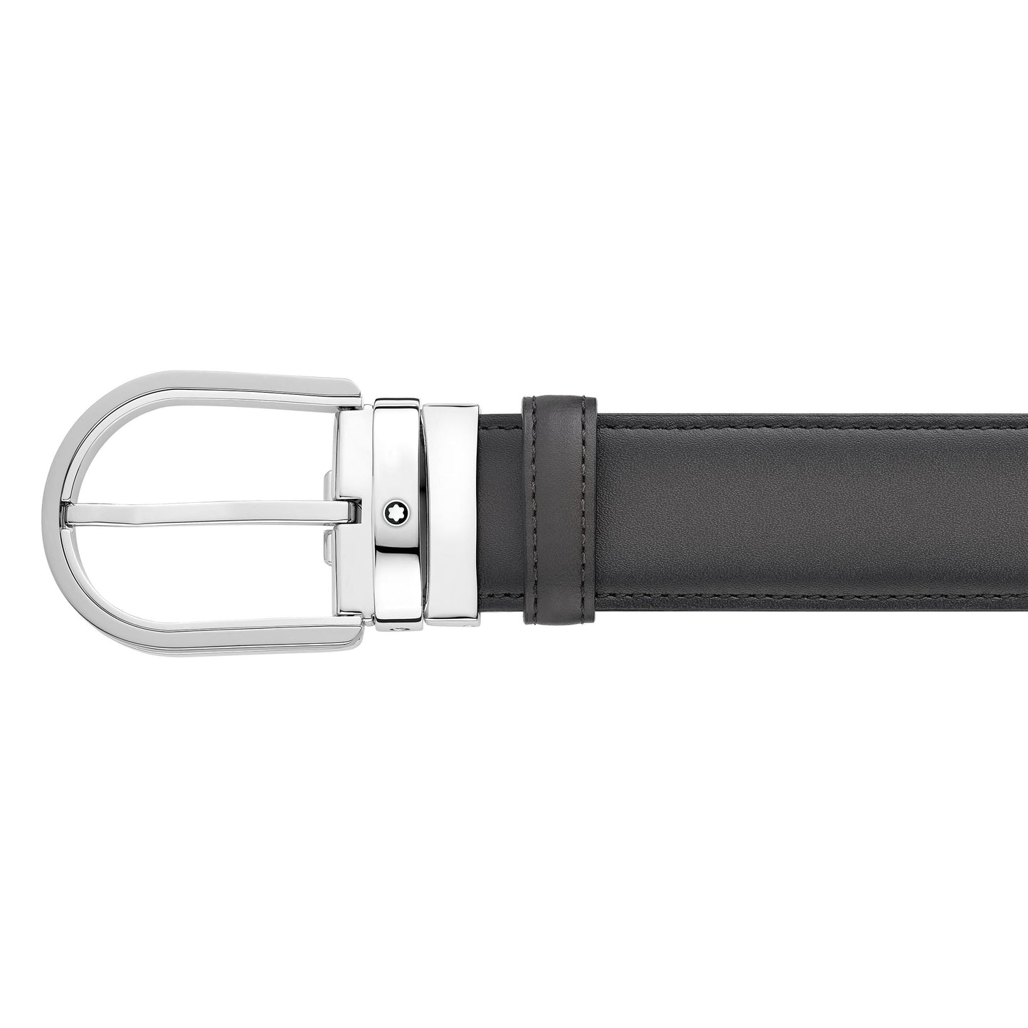 A close-up of the Montblanc Horseshoe Leather Belt showcases its elegant black leather design, adorned with a polished silver horseshoe buckle and a delicate emblem, set against a white background.
