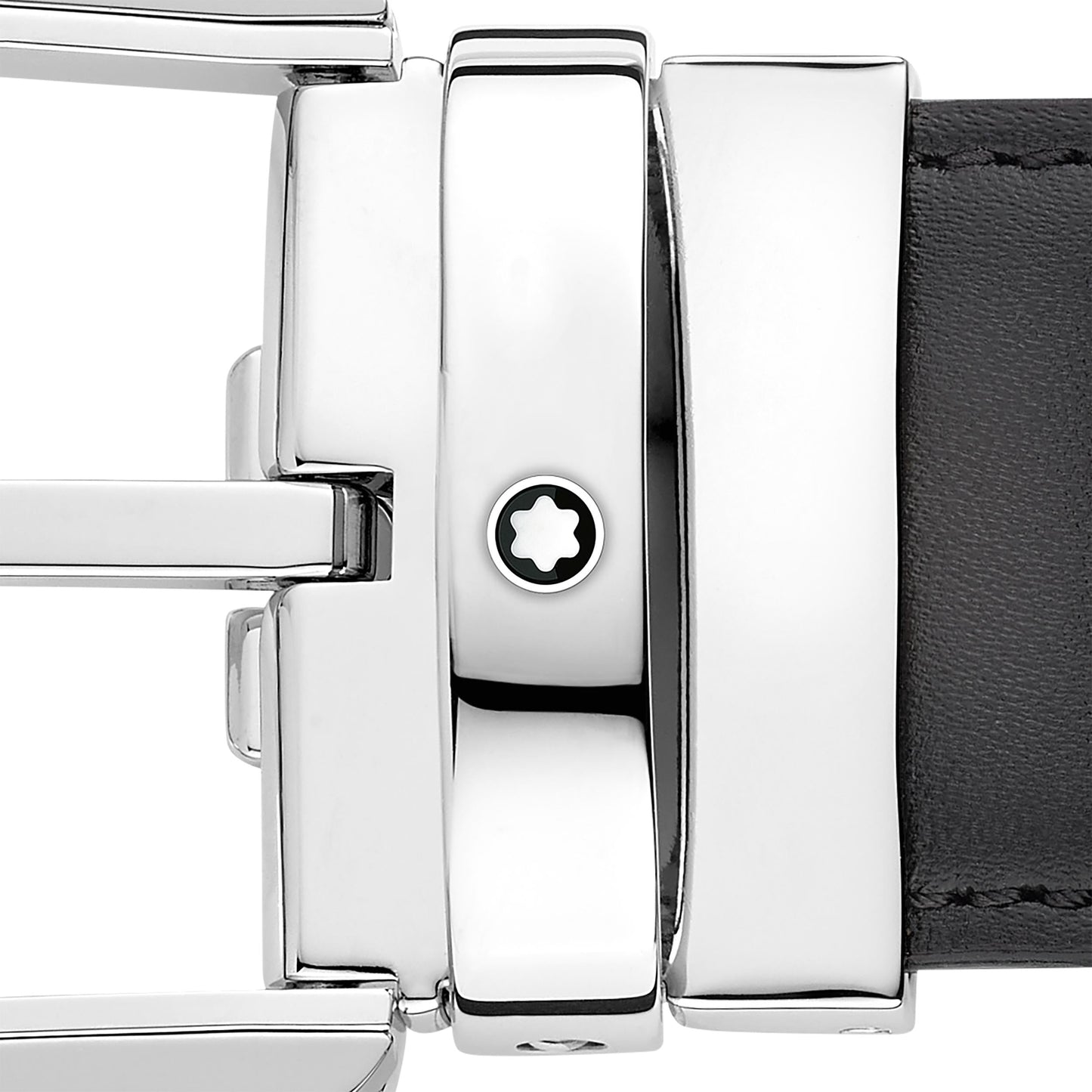 A close-up of the Montblanc Horseshoe Leather Belt highlights its polished horseshoe buckle. The buckle includes a small black circular emblem with a white star in the center, echoing Montblanc's signature style.