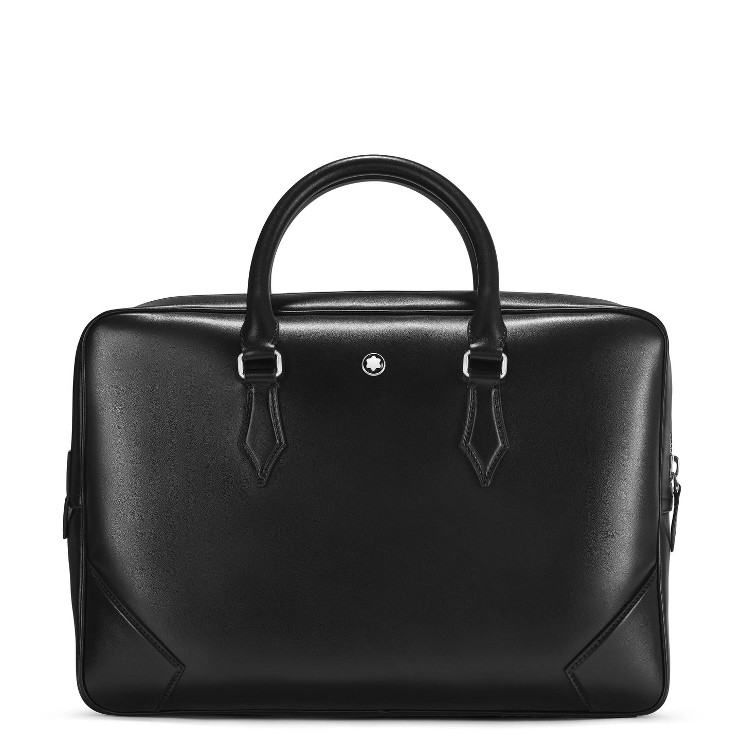 The Montblanc Meisterstück Black Leather Document Case is a sophisticated accessory with a modern and minimalist design. It features a sleek black leather exterior, subtle stitching, and a top handle, all complemented by the small, circular Montblanc emblem in the center, embodying the elegance of Style Number 129664.