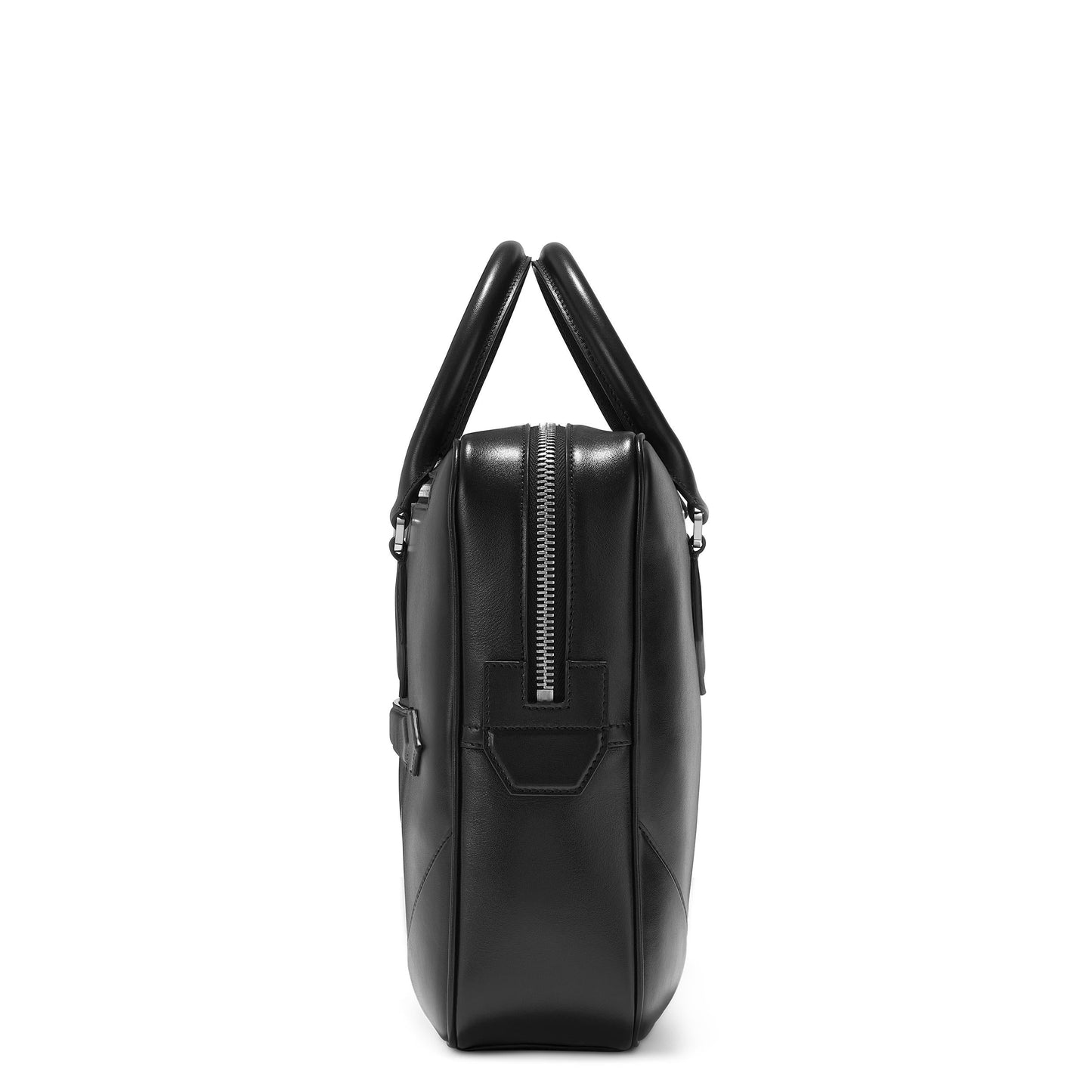 Side view of the Montblanc Meisterstück Black Leather Document Case, featuring a top handle and visible silver zipper. This minimalist design highlights clean lines and a professional appearance, style number 129664.