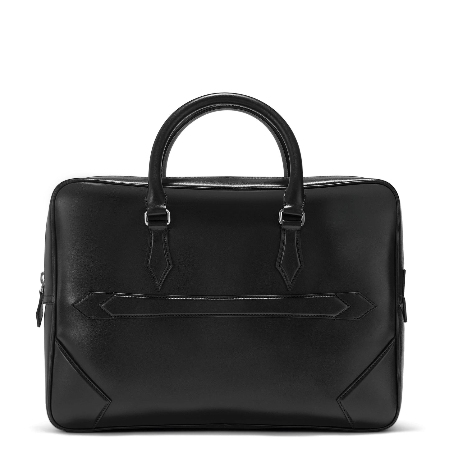 The Montblanc Meisterstück Black Leather Document Case is a sleek leather briefcase, identified by Style Number 129664, that features dual handles and a minimalist design. With its subtle stitching, rectangular shape, and metallic hardware accents, it presents an elegant and polished professional appearance.
