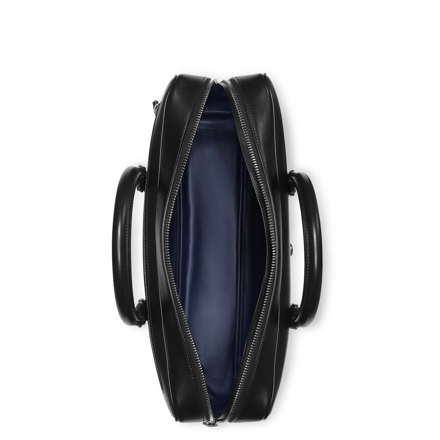 Top view of an open Montblanc Meisterstück Black Leather Document Case, featuring dual handles and a blue interior. With style number 129664, this Montblanc document case includes a zipper closure that reveals a spacious compartment.