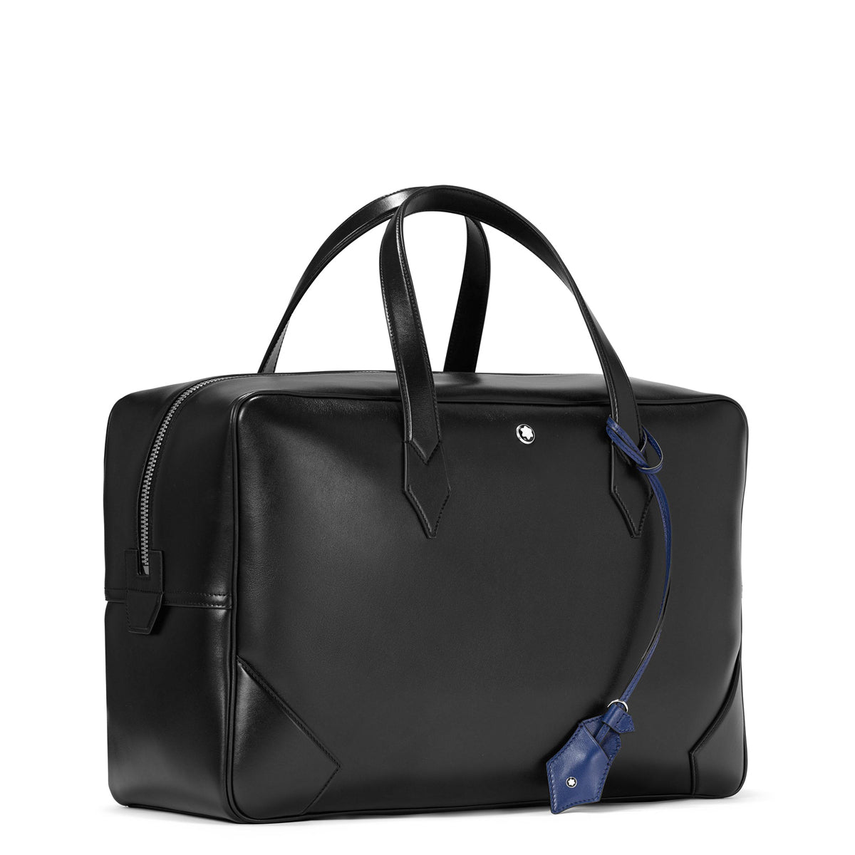 The elegant Montblanc Meisterstuck Leather Duffle Bag showcases dual top handles and includes a discreet metal emblem near the top. It is accompanied by a blue luggage tag and minimalist design, secured with a side zipper. The distinctive Style Number 129666 guarantees its authenticity and unparalleled sophistication.