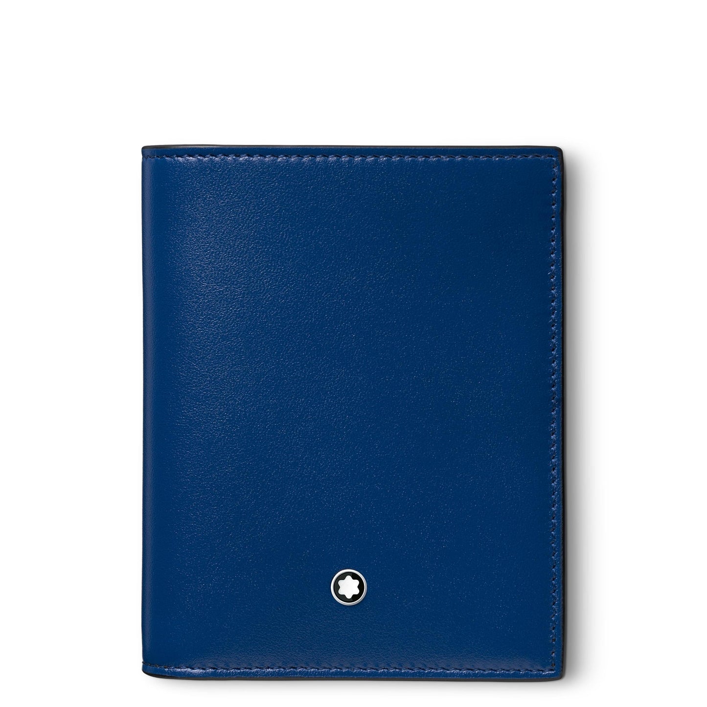 The Montblanc Meisterstuck Compact Leather Wallet 6cc, featuring a smooth leather texture, comes in a compact blue form with Montblanc's iconic small round star logo near the bottom. Its elegant and sophisticated design makes it an exquisite accessory.