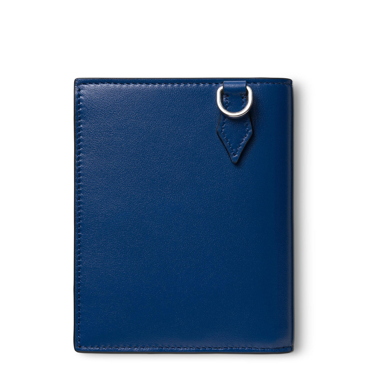 Introducing the Montblanc Meisterstück Compact Leather Wallet 6cc, a sophisticated product by Montblanc. Style Number 129678, this sleek blue wallet features a silver D-ring gracefully attached to a leather tab at the top. The smooth leather surface is accentuated with visible stitching along the edges, combining elegance with practicality.