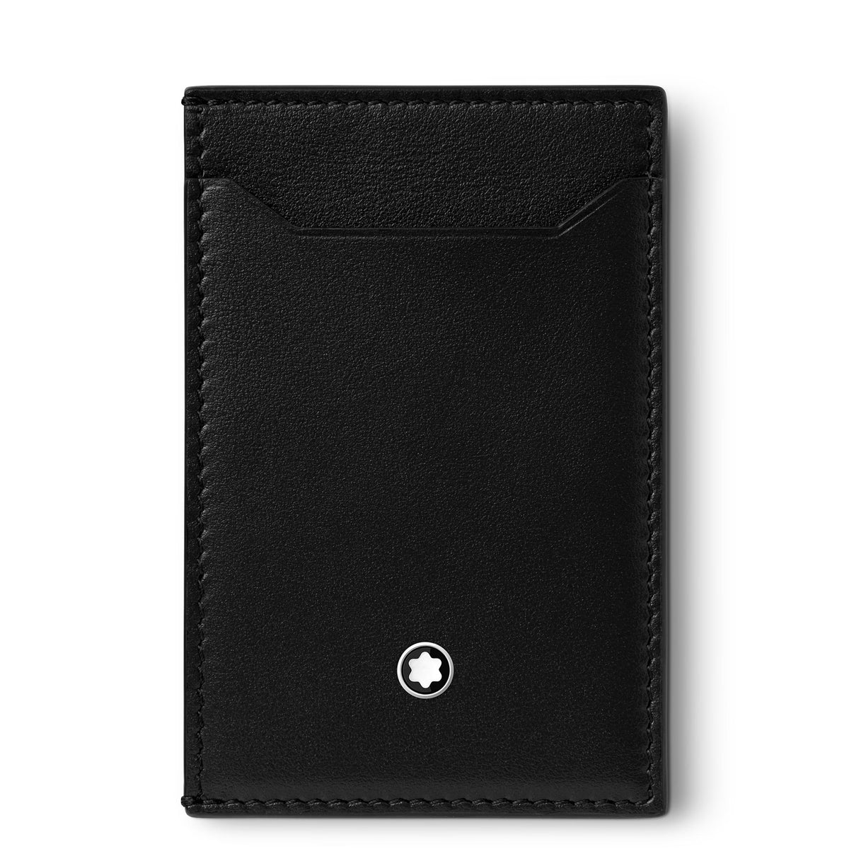 The Montblanc Meisterstück Black Leather Pocket 3CC Card Holder is a sleek, minimalist card holder that exudes elegance. It features a smooth texture, stitched edges, and a small circular white logo near the bottom center.