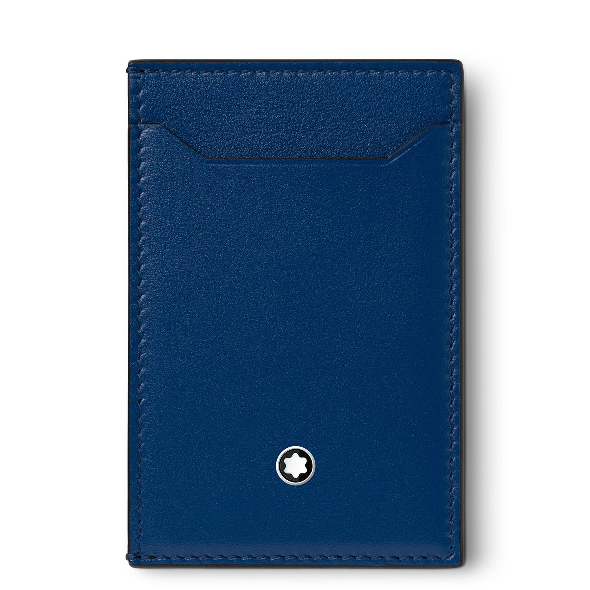Introducing the Montblanc Meisterstück Blue Leather Pocket 3CC Card Holder, this chic accessory is crafted in blue leather and adorned with a distinctive white emblem at the bottom center. The cardholder boasts precise stitching and features a top slot to effortlessly hold your essentials, highlighting a minimalist yet elegant design perfect for those who appreciate sophistication in their daily life.