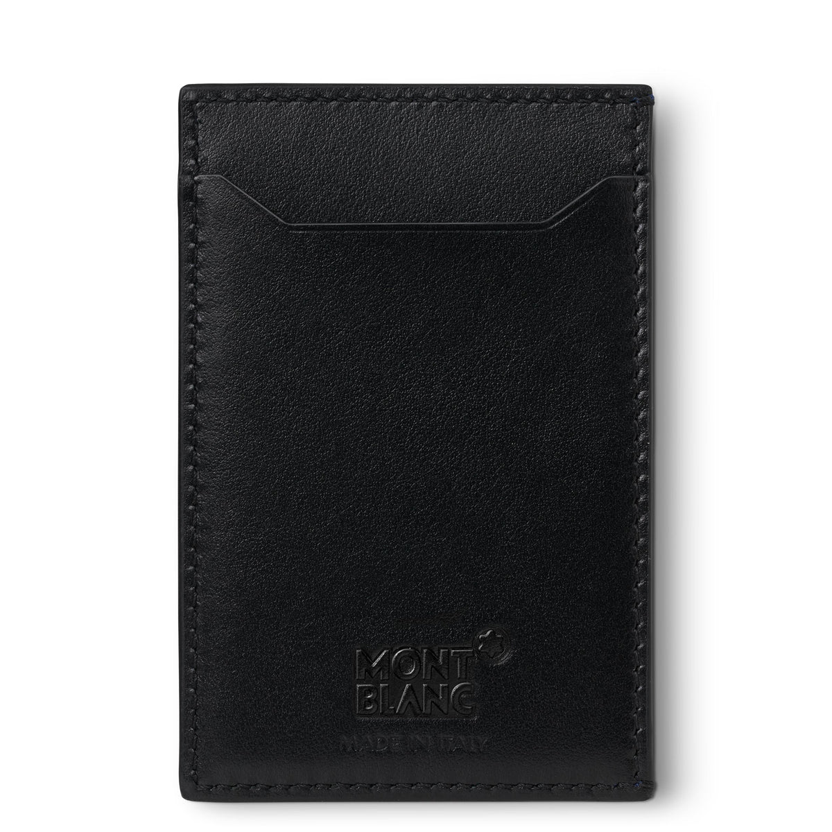 The Montblanc Meisterstück Blue Leather Pocket 3CC Card Holder, crafted by Montblanc, is a luxurious accessory featuring a minimalist design with three card slots and an embossed logo at the bottom. Its sleek style fits seamlessly in any pocket, making it an essential item for those who appreciate refined elegance.