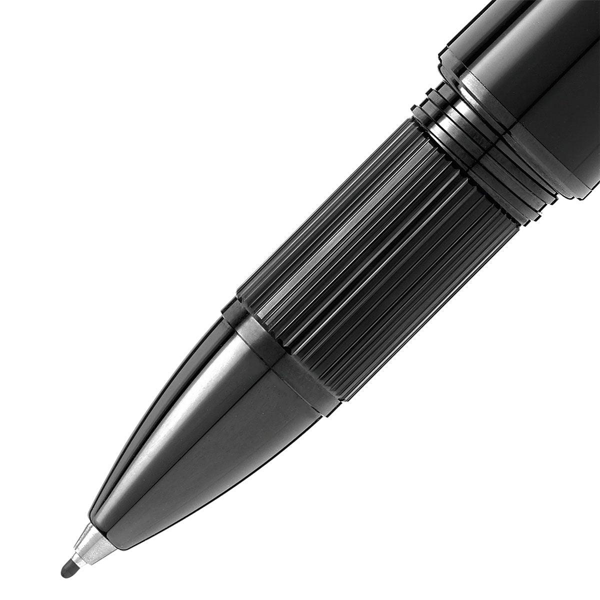 Close-up image of the Montblanc Starwalker Black Cosmos Precious Resin Fineliner Pen tip, highlighting its shiny finish and sleek design. The finely detailed grip area is visible, emphasizing its ergonomic structure—a true marvel for space exploration enthusiasts.